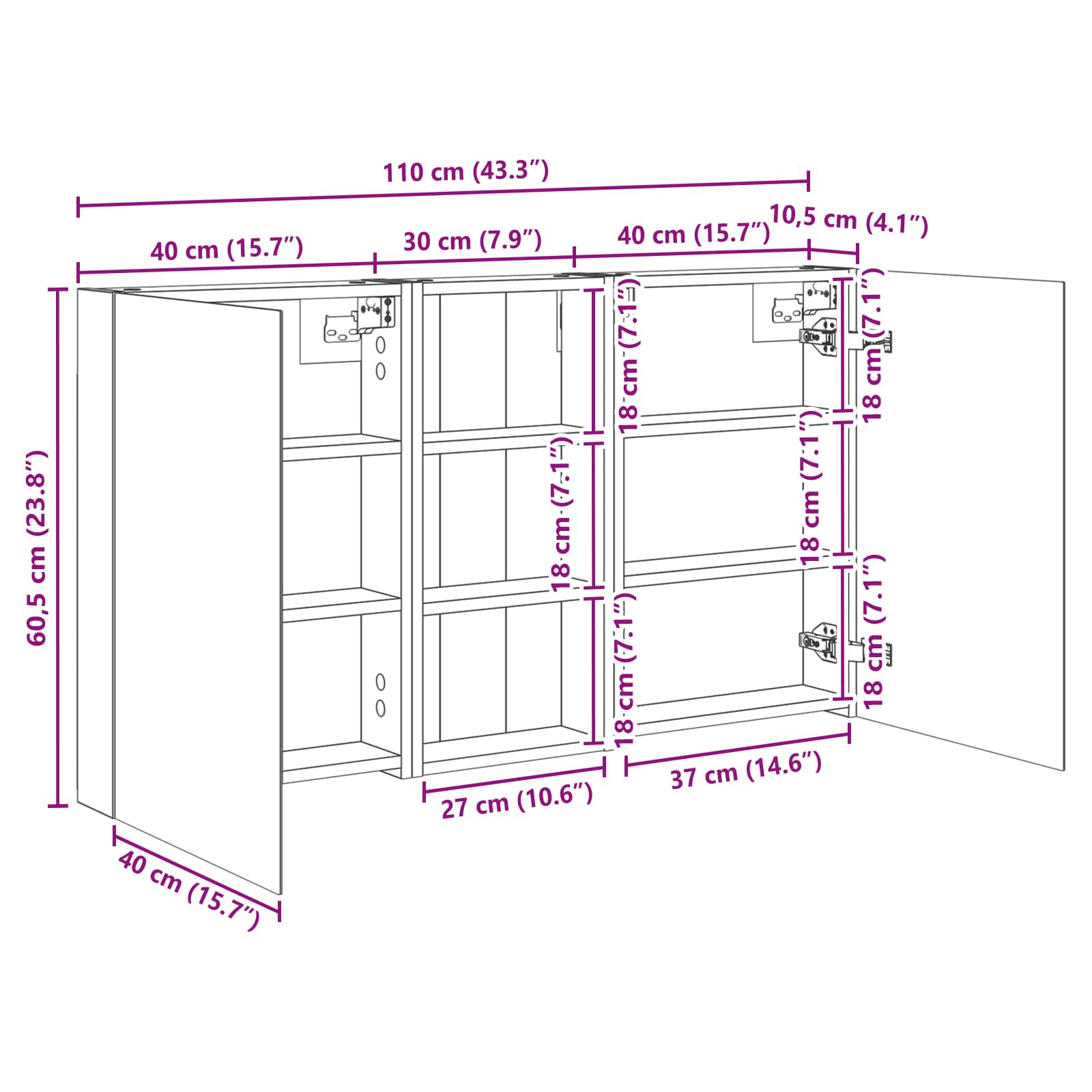 Set ormarića za kupaonicu s policom 3 pcs 110 x 10,5 x 60,5 cm