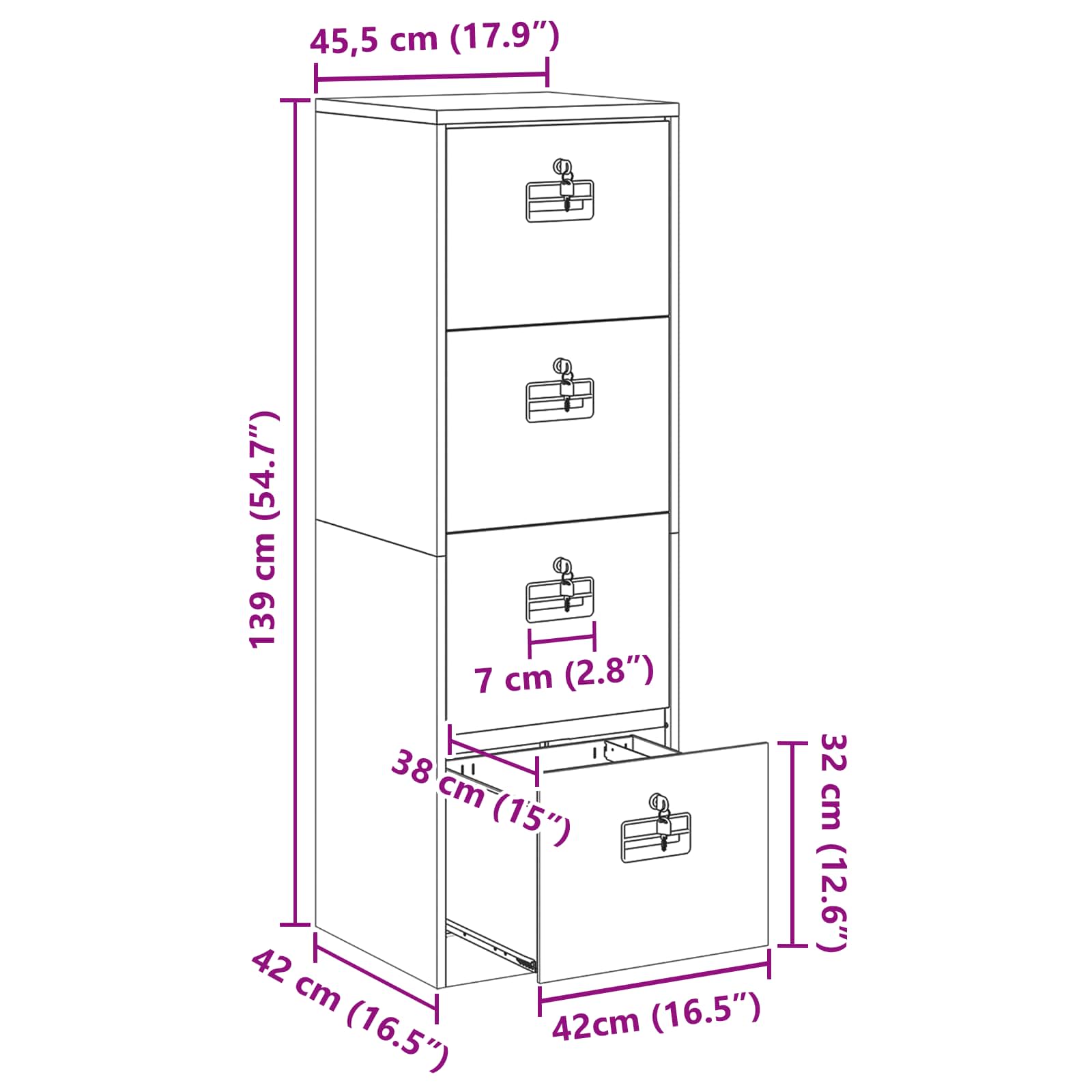 Kabinet za datoteke s ladicama Žuta 45,5 x 42 x 139 cm