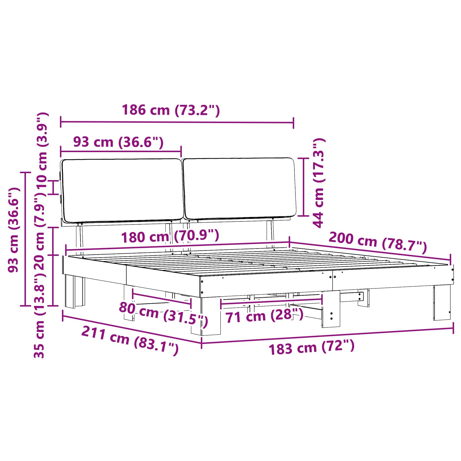 Krevetni okvir s tapiciranim uzglavljem Crna 180 x 200 cm