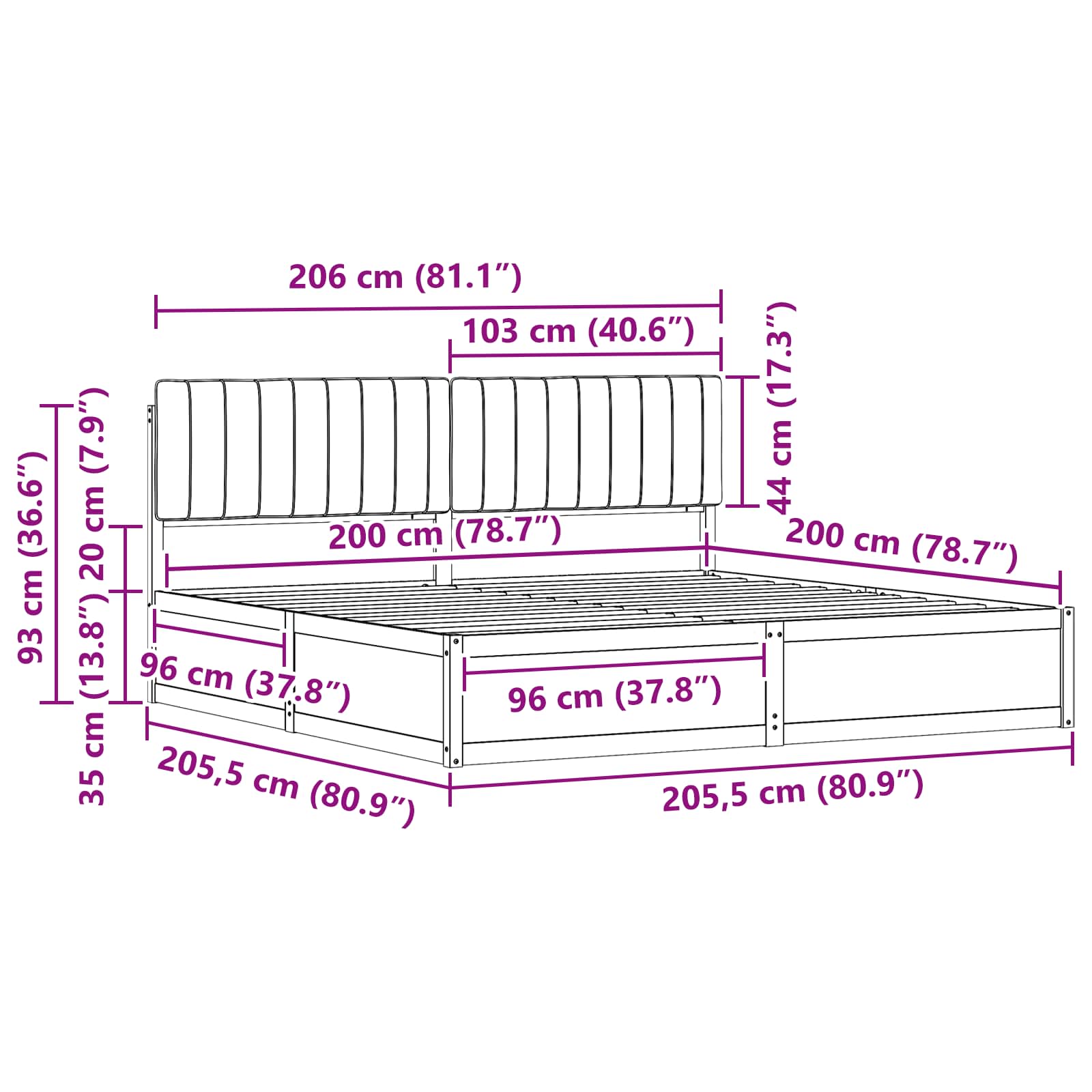 Krevetni okvir s tapiciranim uzglavljem Crna 200 x 200 cm