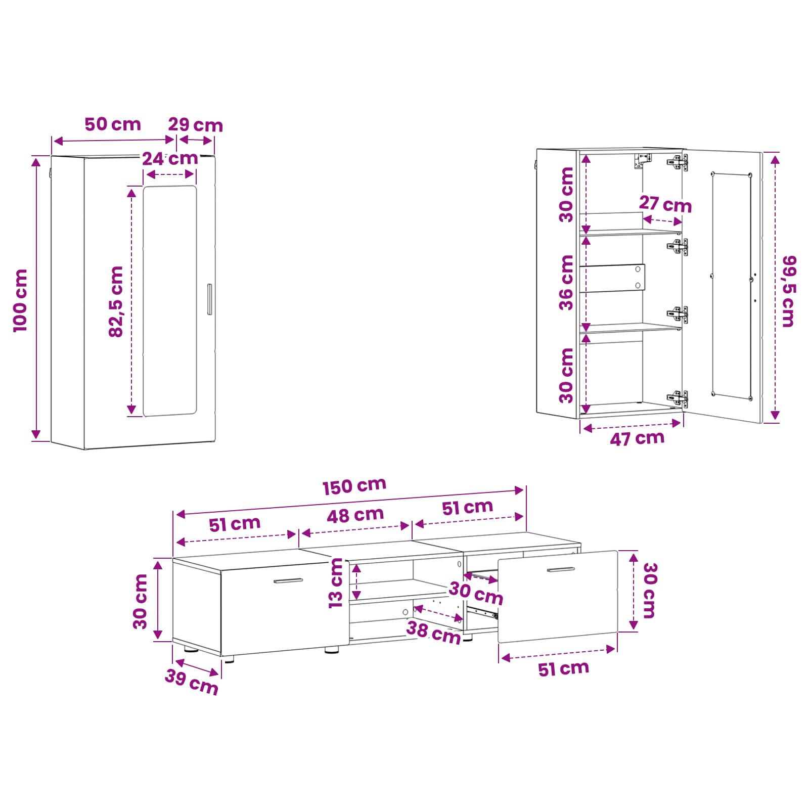 Set TV komoda Zidne FLORIN 3 pcs Sonoma hrast Konstruirano drvo