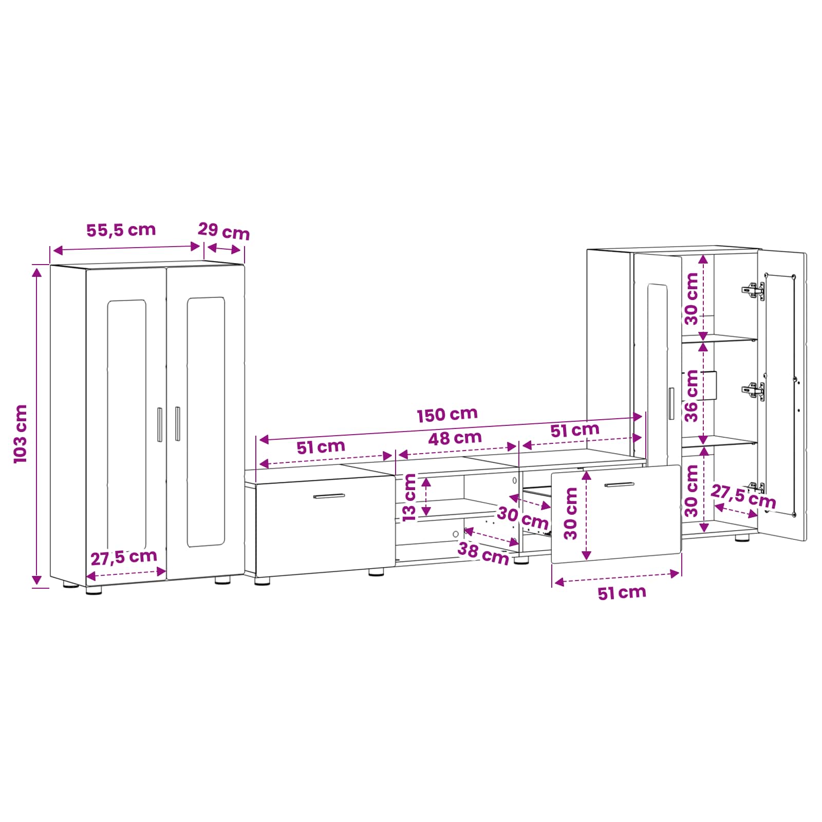 Set TV komoda s ladicama FLORIN 3 pcs Bijelo Konstruirano drvo