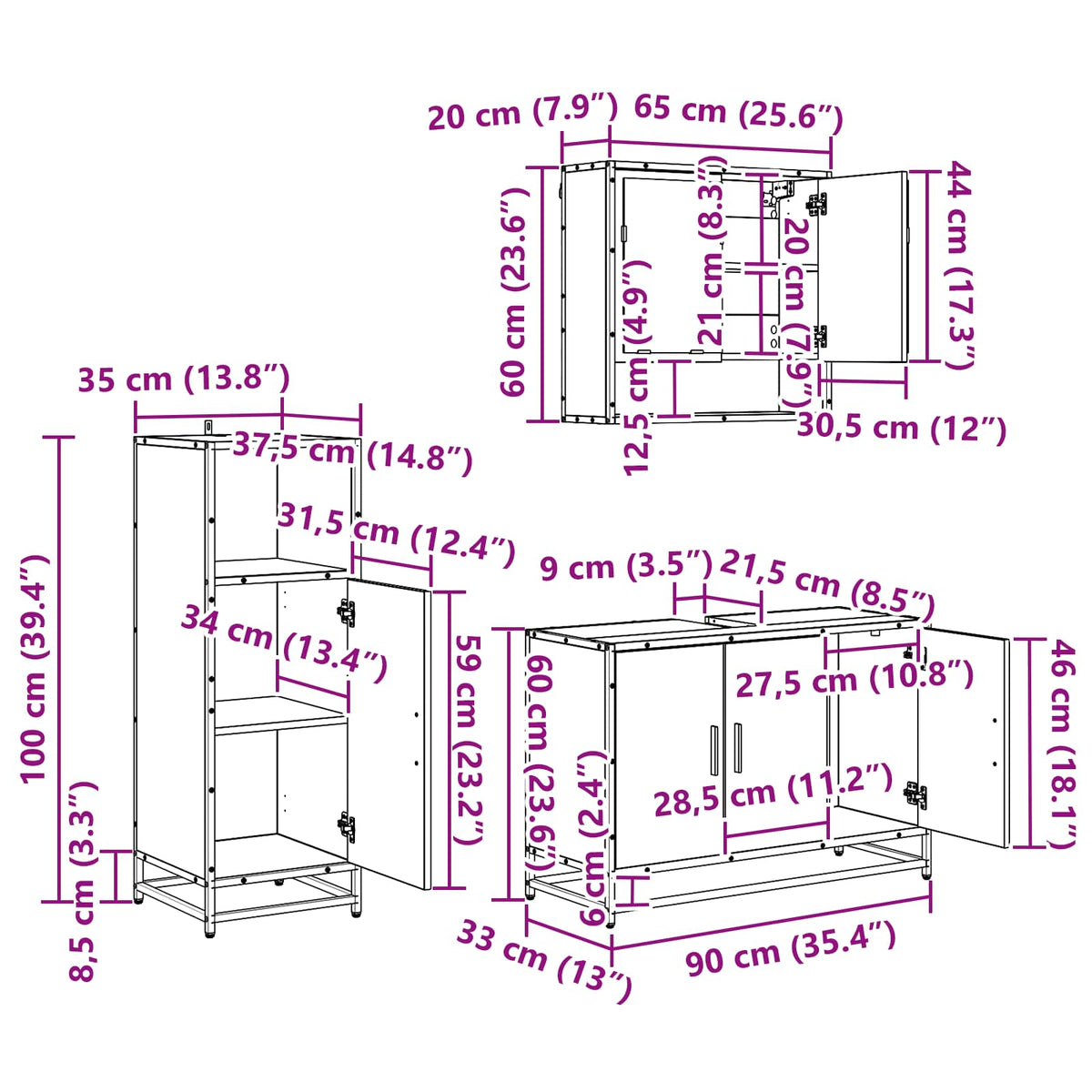 Set namještaja za kupaonicu 3 kom. Crni hrast 90 x 33 x 60 cm