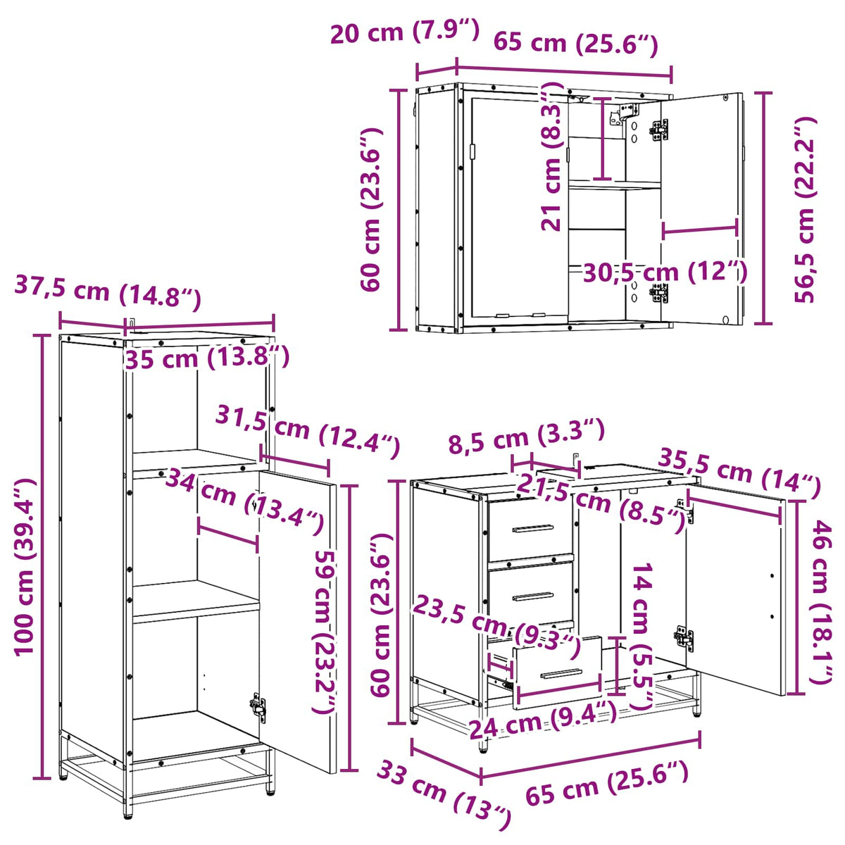 Set namještaja za kupaonicu 3 kom. Crni hrast 65 x 33 x 60 cm