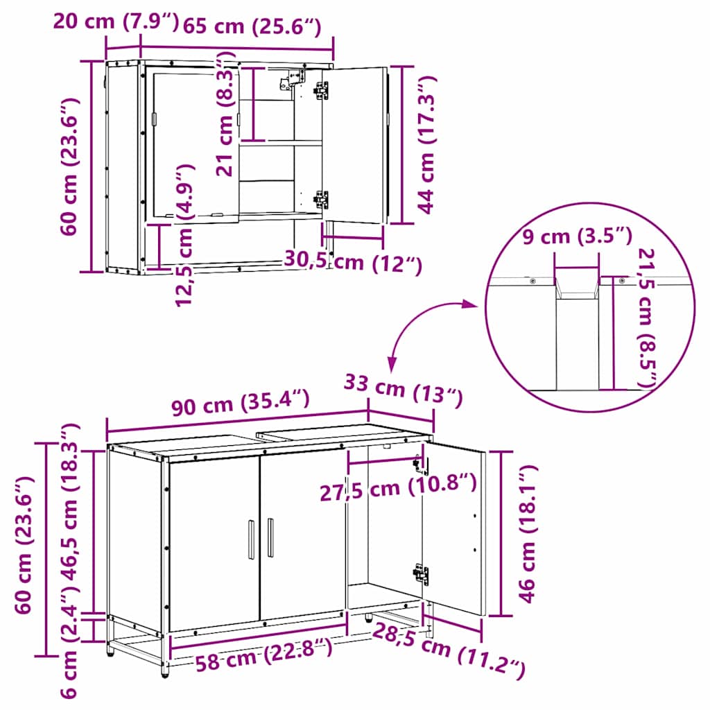 Set namještaja za kupaonicu 3 kom. Staro drvo 90 x 33 x 60 cm