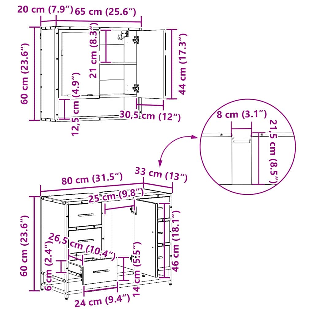 Set namještaja za kupaonicu s ladicama 3 pcs Umjetnički hrast