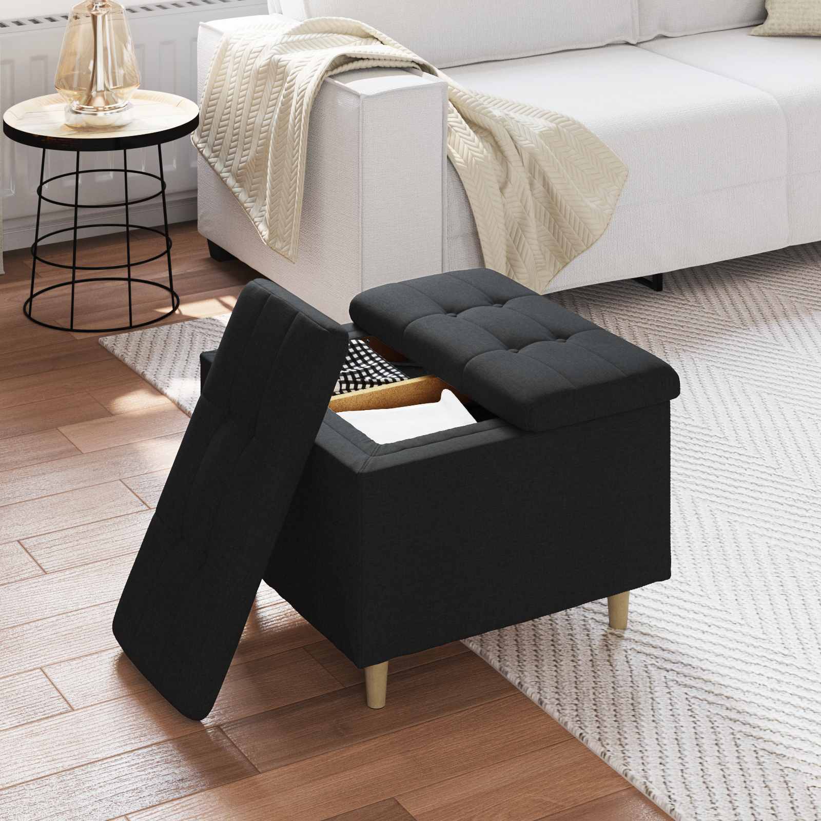 Otoman za pohranu s jastukom Crna 60 x 60 x 45 cm tkanina