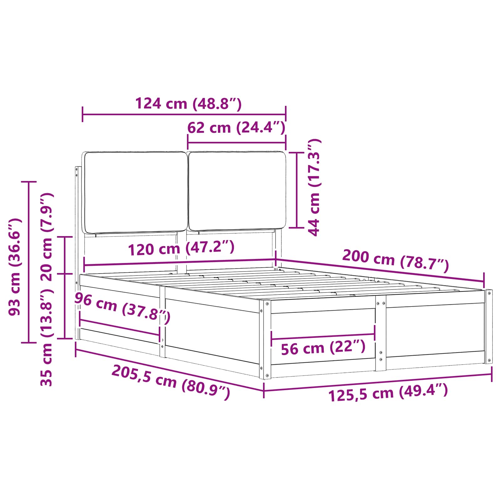 Krevetni okvir s tapiciranim uzglavljem Tamno siva 120 x 200 cm