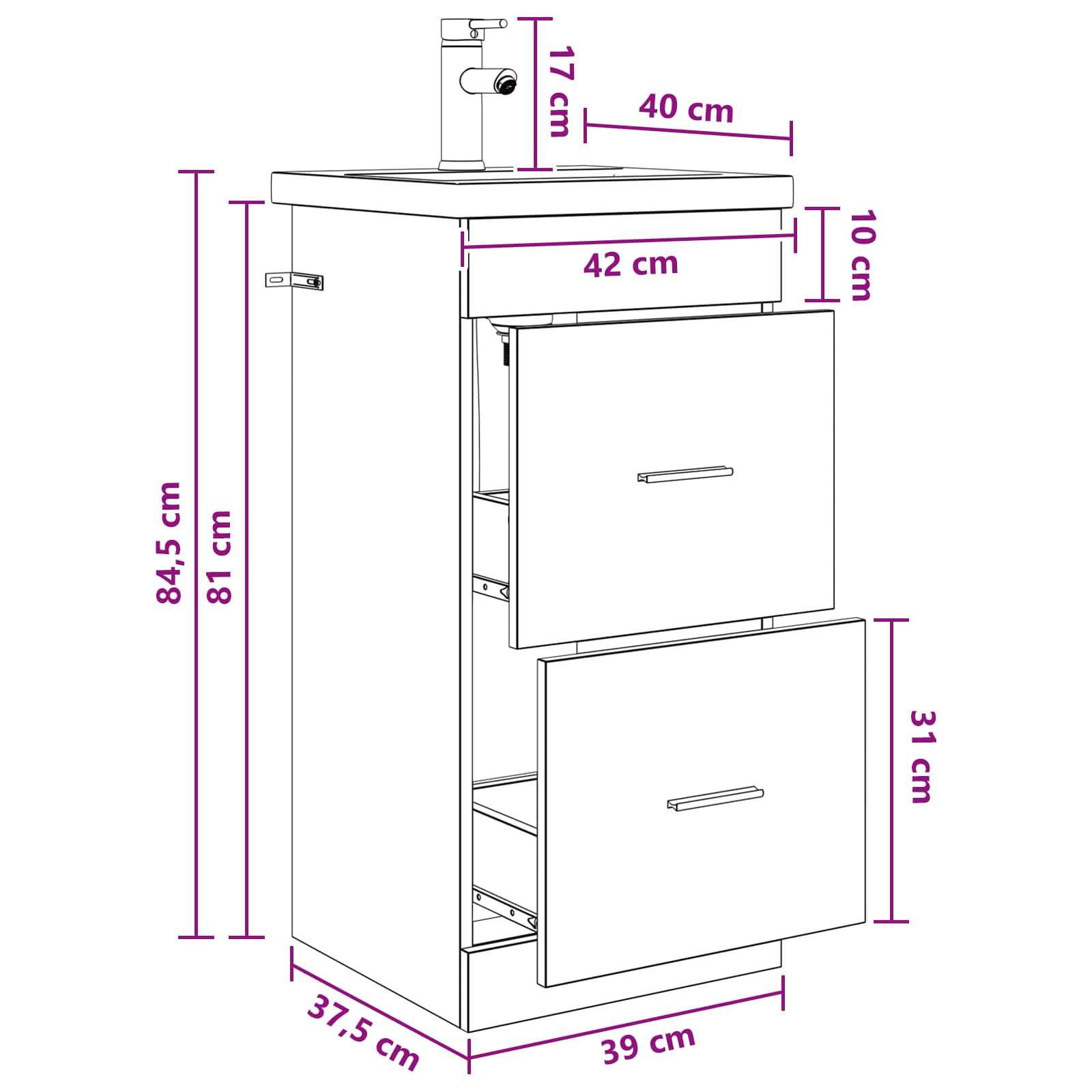 Kupaonski umivaonik s sudoperom Siva Sonoma 42 x 40 x 84,5 cm