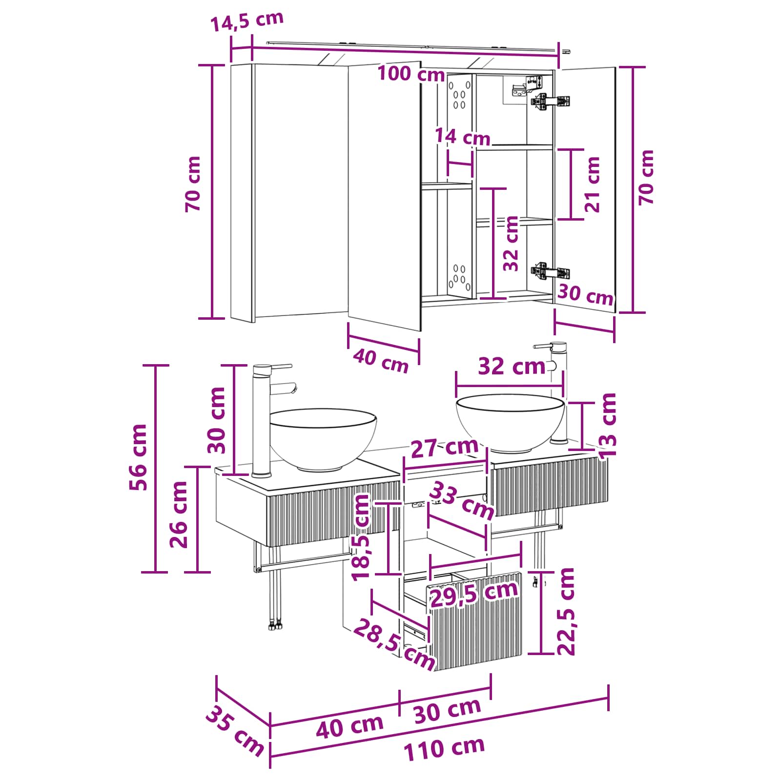 Set ormarića za kupaonicu 4 pcs 100 x 14,5 x 70 cm