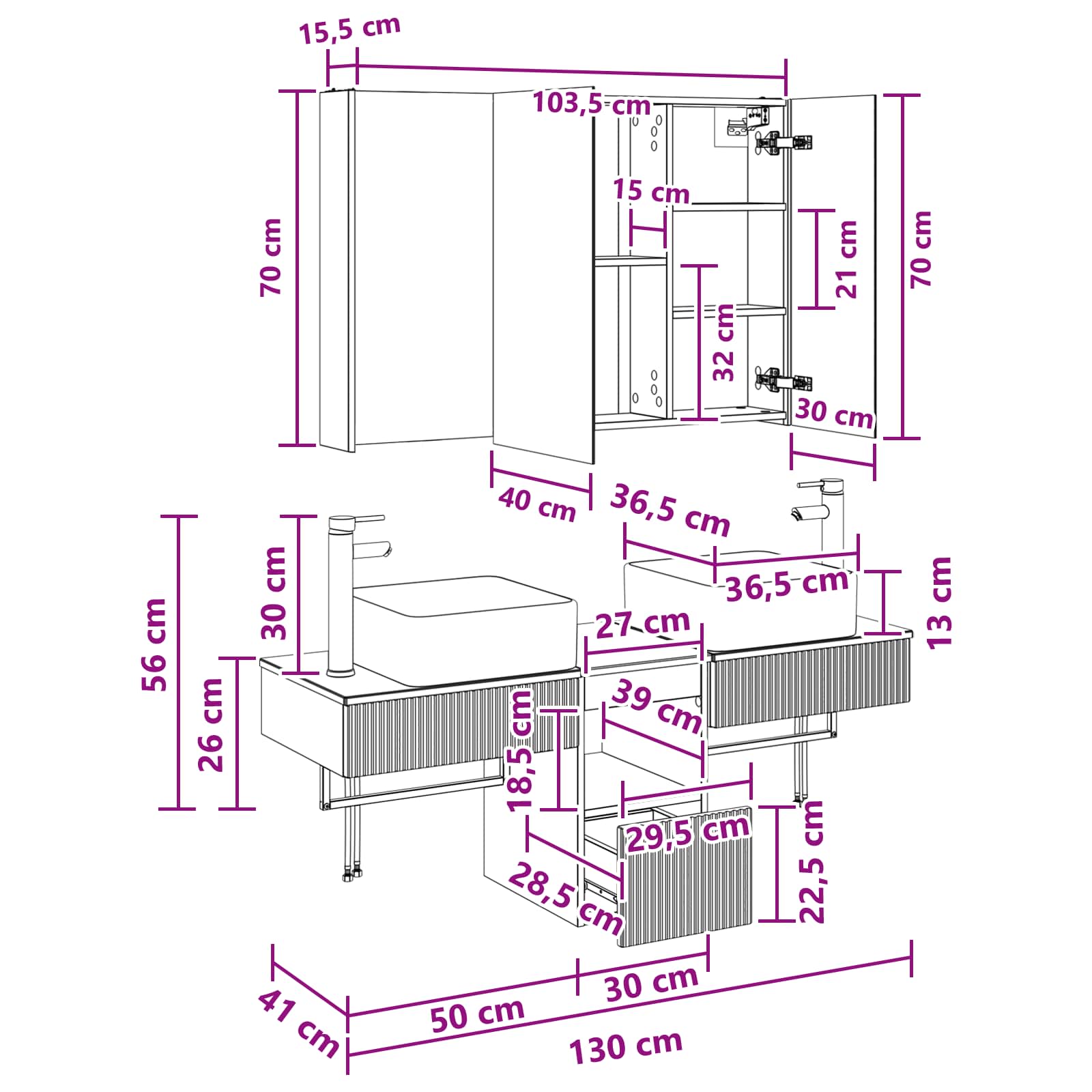 Set ormarića za kupaonicu 4 pcs Bijela 103,5 x 15,5 x 70 cm