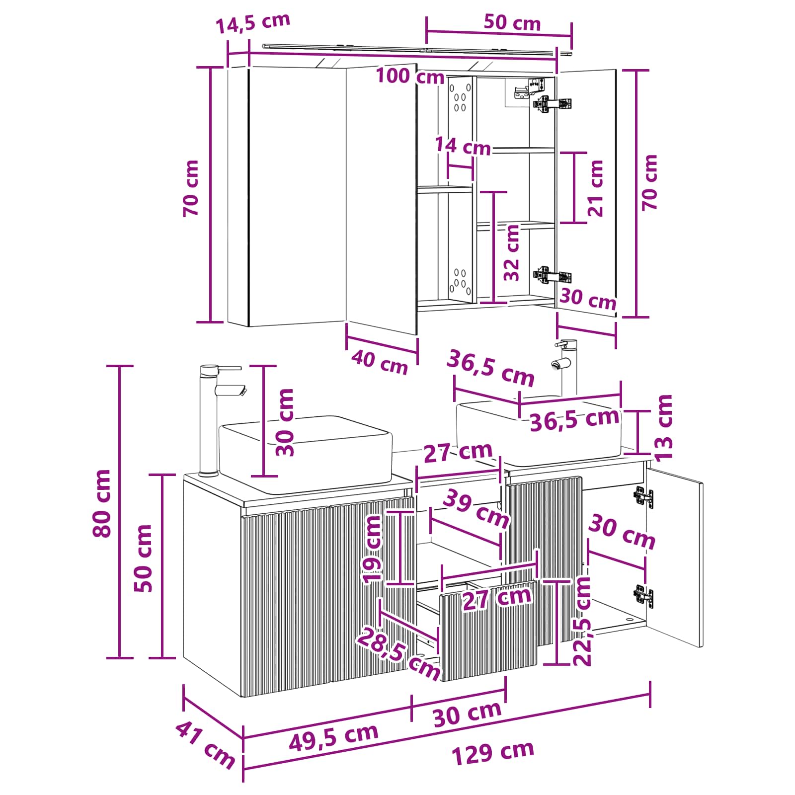 Set ormarića za kupaonicu 4 pcs Bijela 100 x 14,5 x 70 cm