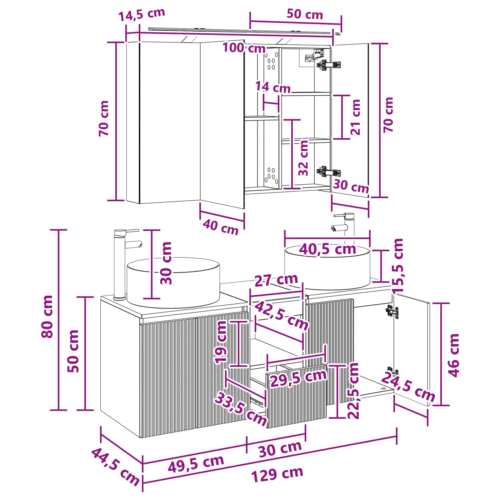 Set ormarića za kupaonicu 4 pcs Bijela 100 x 14,5 x 70 cm