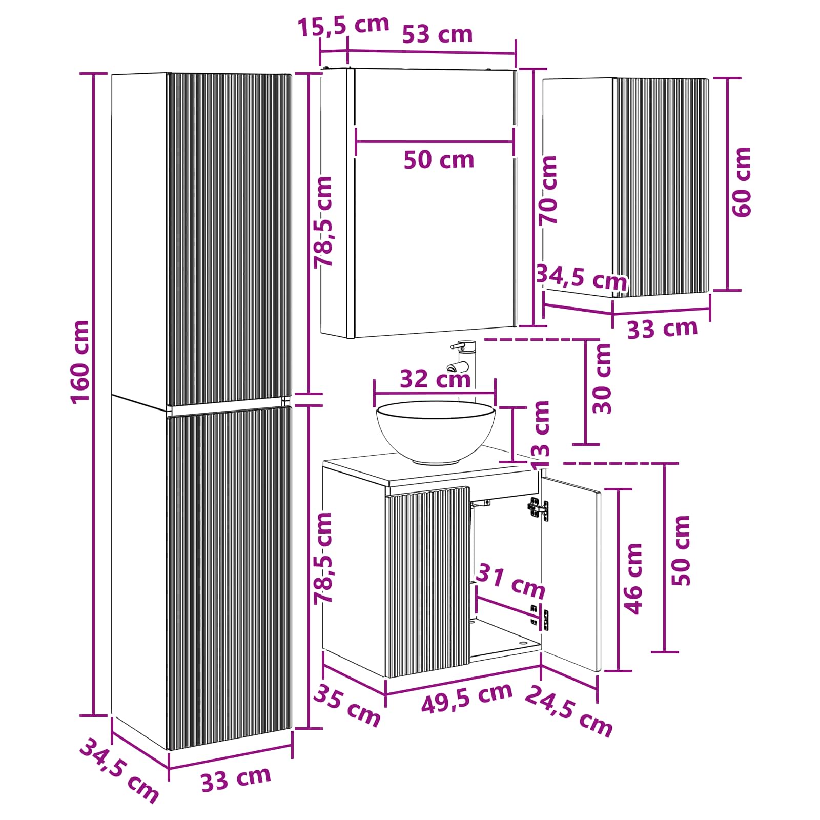 Set ormarića za kupaonicu 5 pcs Staro drvo 53 x 15,5 x 70 cm