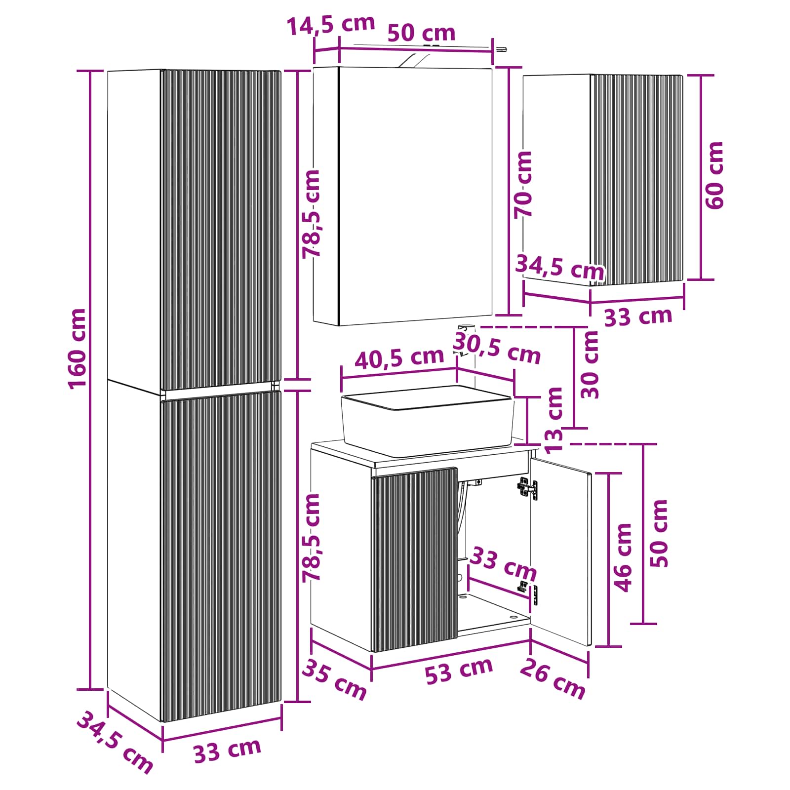 Set ormarića za kupaonicu 5 pcs Betonska siva 50 x 14,5 x 70 cm