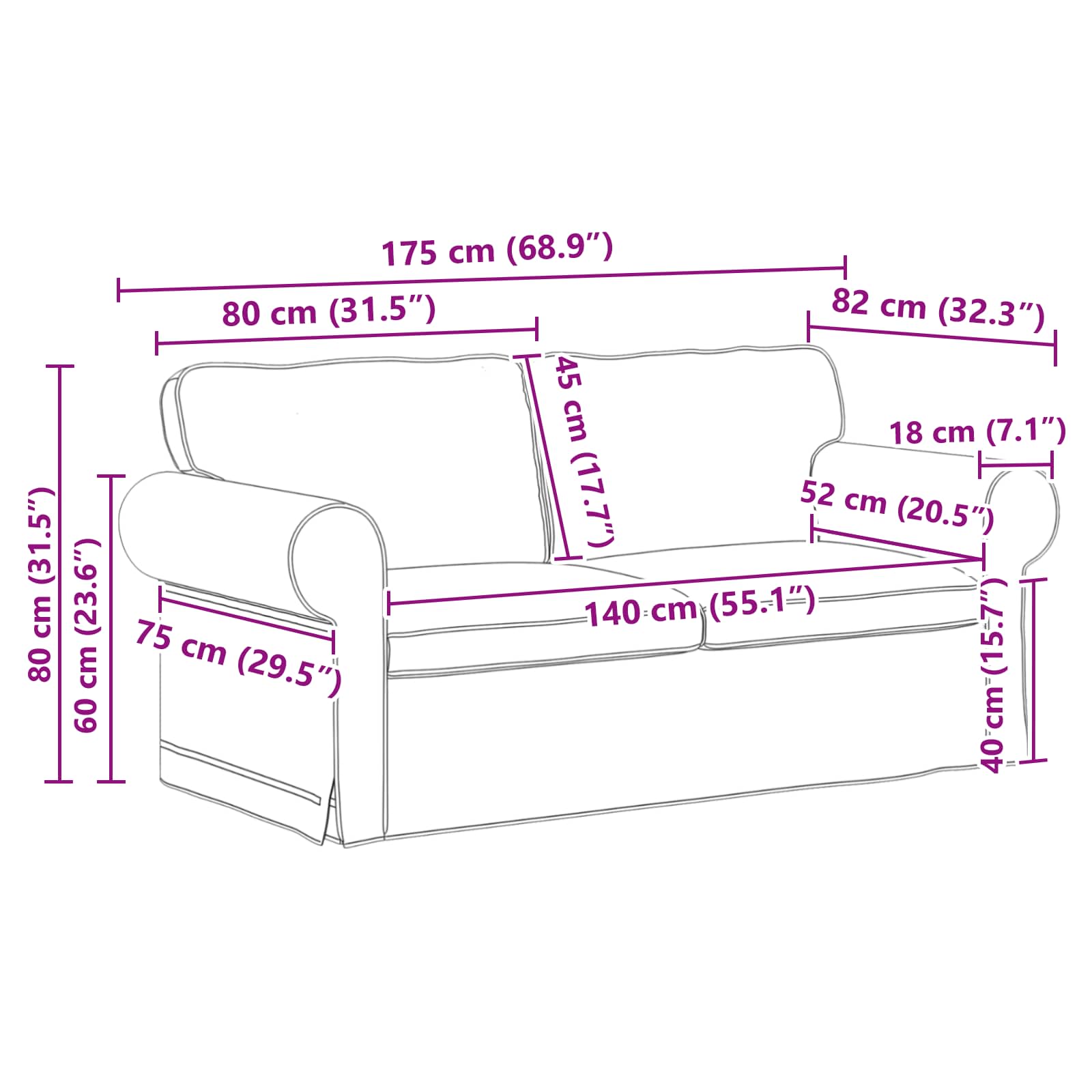 Set sofe 2 pcs Crna 175 x 82 x 80 cm tkanina