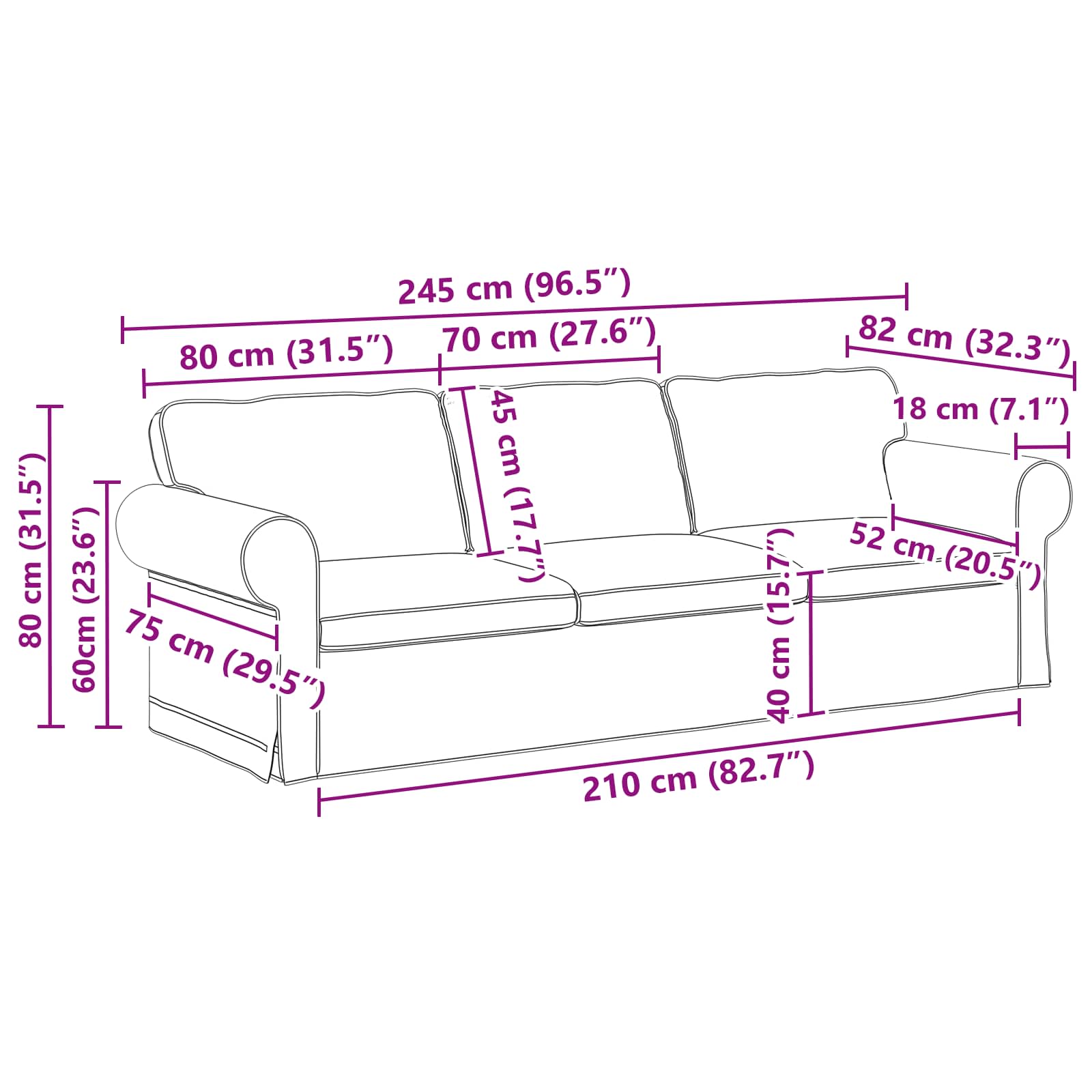 Sofa Svijetlo siva 245 x 82 x 80 cm tkanina