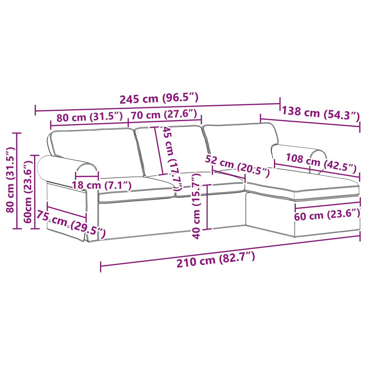 Sofa Crna 245 x 138 x 80 cm tkanina