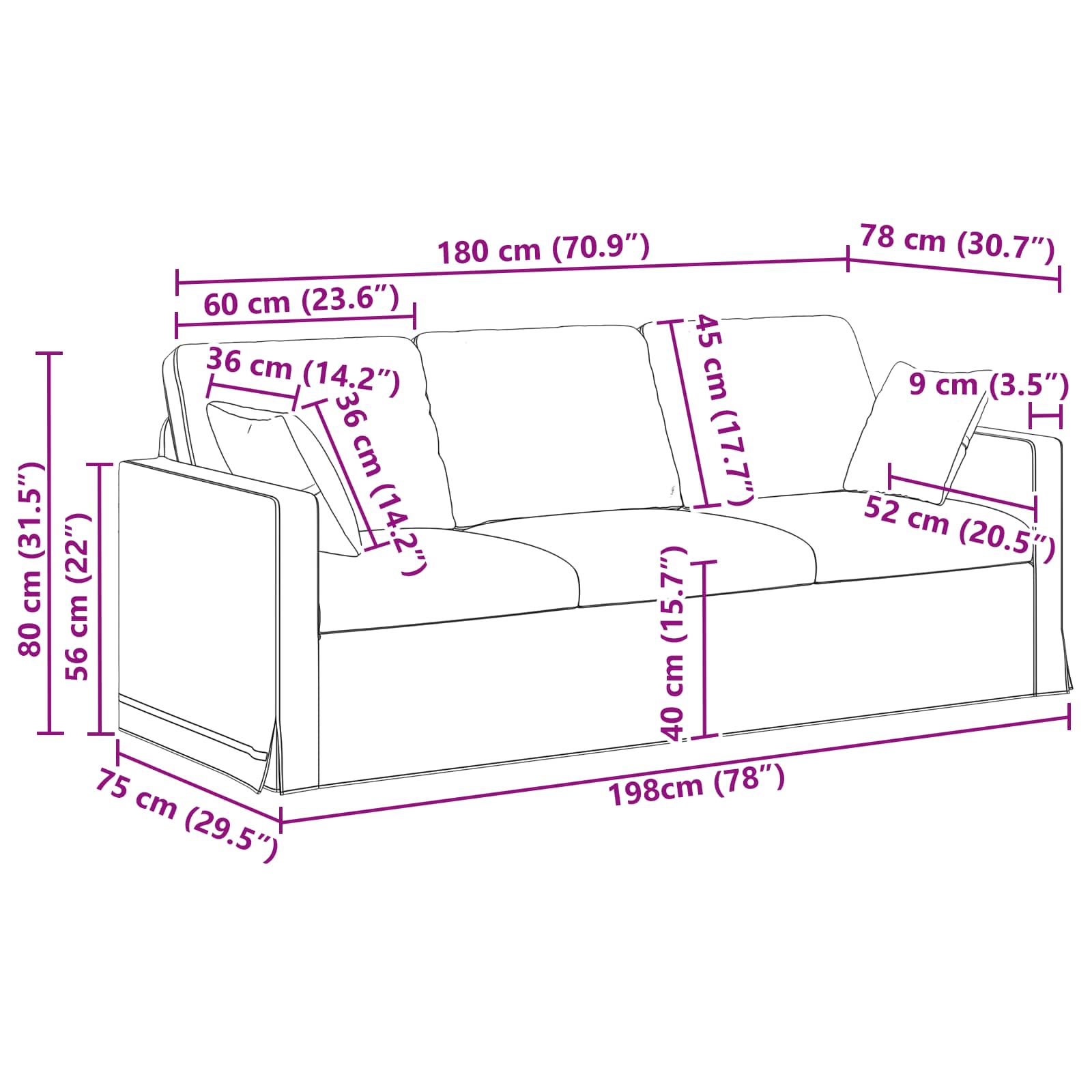 Sofa Crna 198 x 78 x 80 cm Baršun