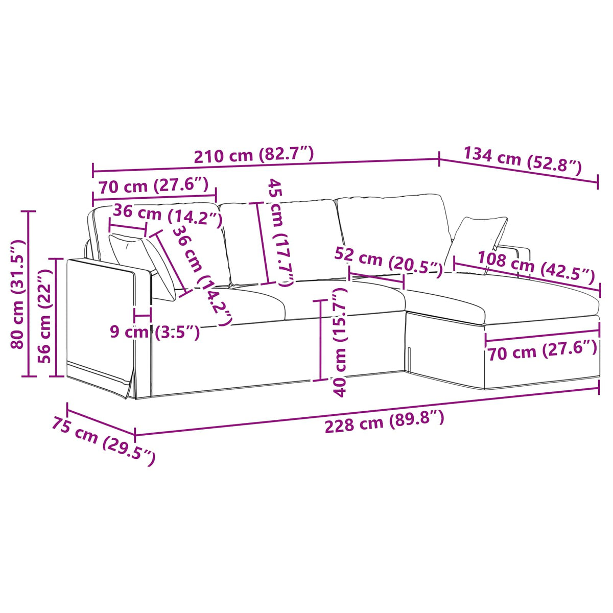 Sofa Tamno siva 228 x 134 x 80 cm Baršun