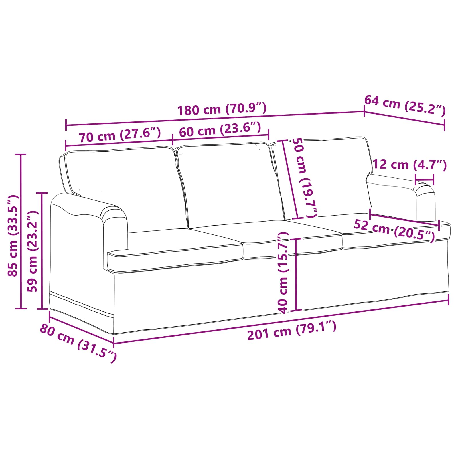 Sofa Crna 201 x 80 x 85 cm tkanina