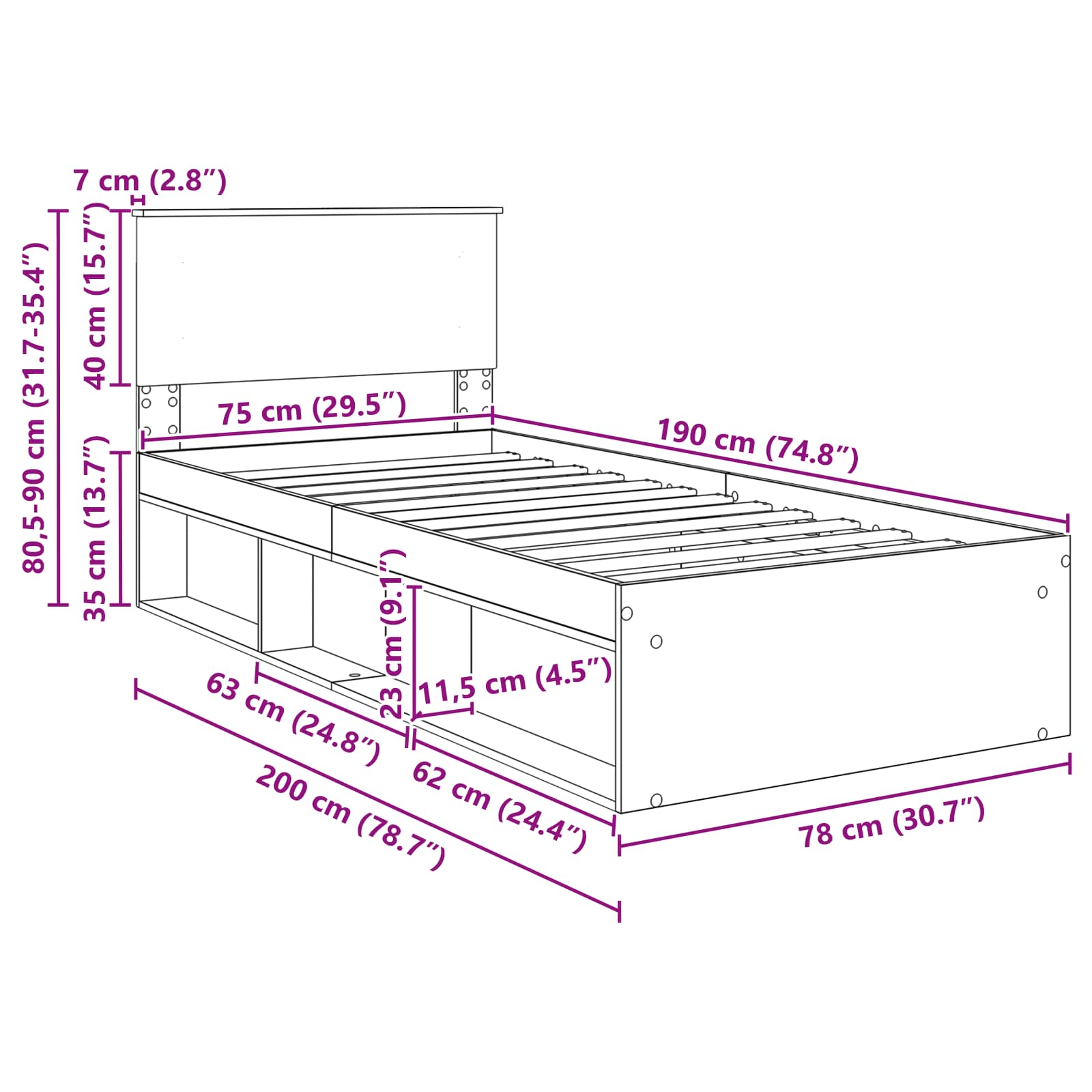 Krevetna konstrukcija s uzglavljem Betonska siva 75 x 190 cm