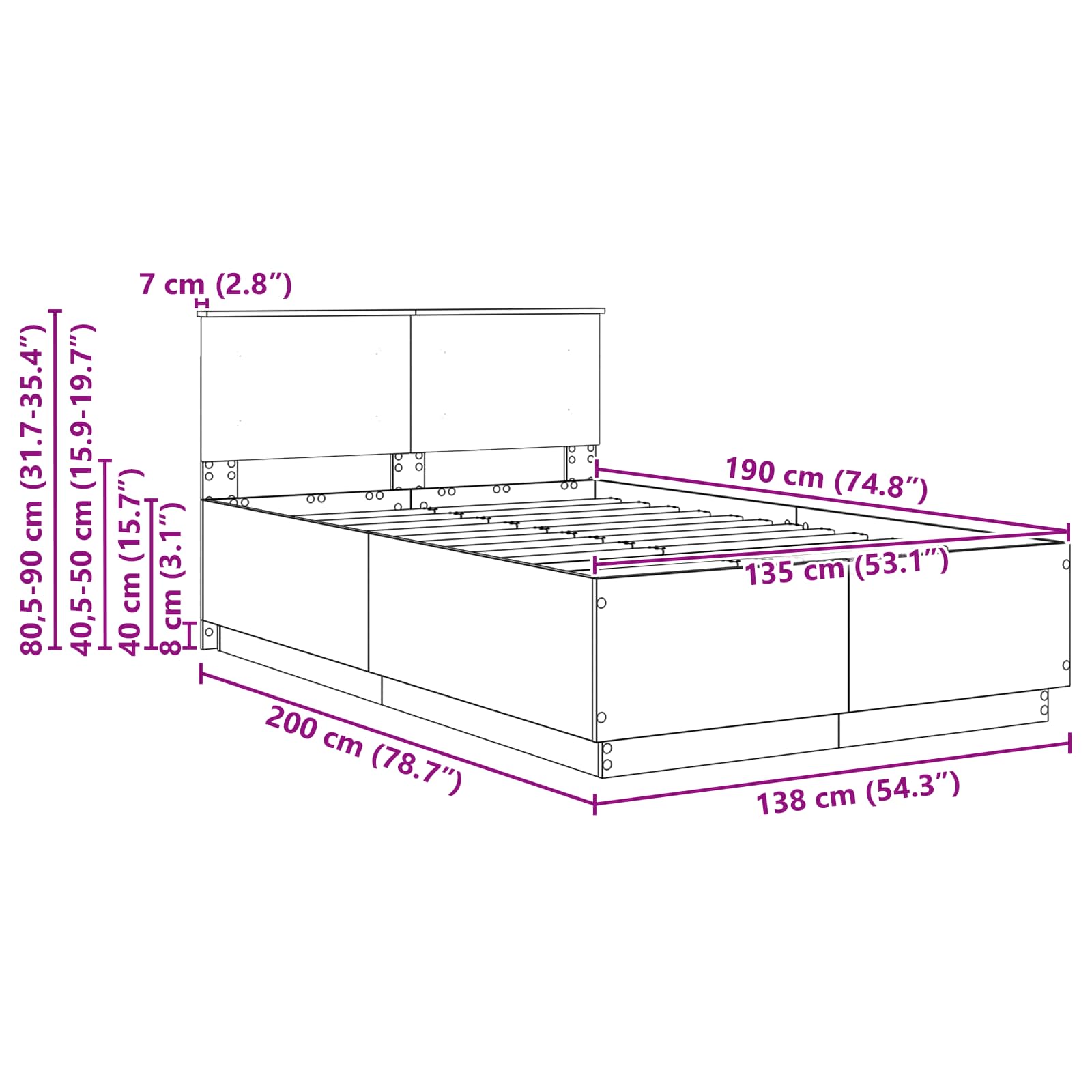 Krevetna konstrukcija S LED lampica Siva Sonoma 135 x 190 cm