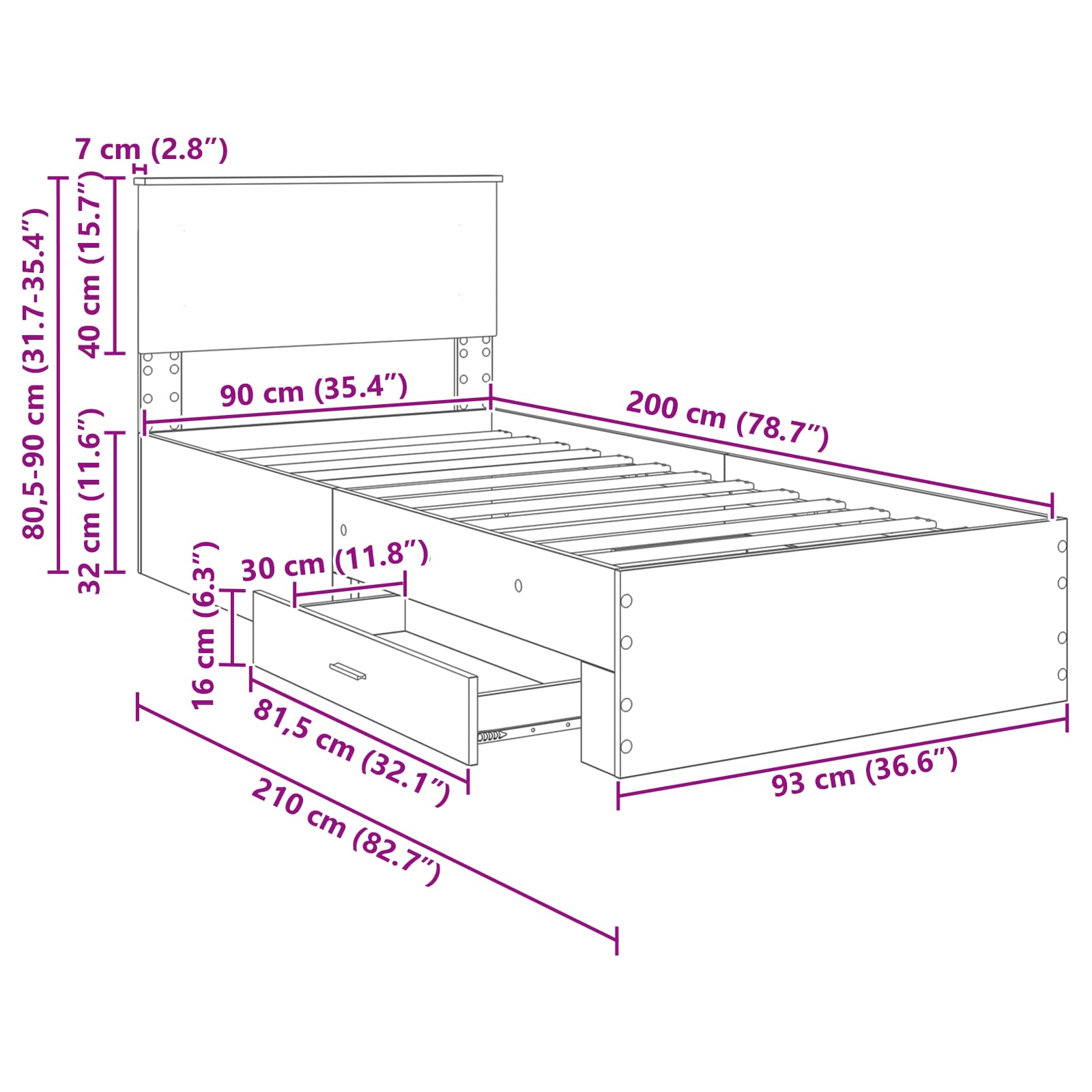Krevetna konstrukcija s uzglavljem Sonoma hrast 90 x 200 cm