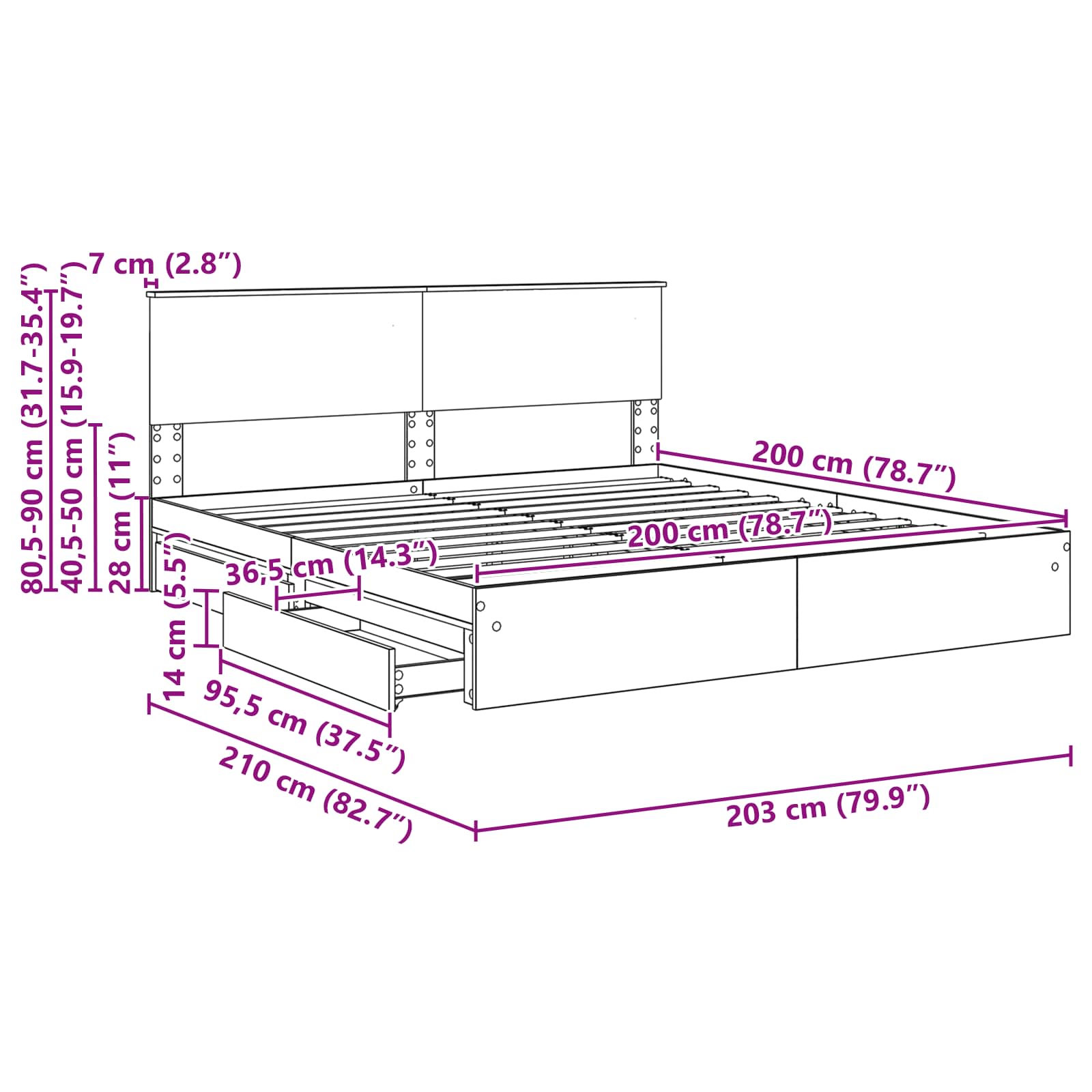 Krevet s od storage Crna 200 x 200 cm Konstruirano drvo