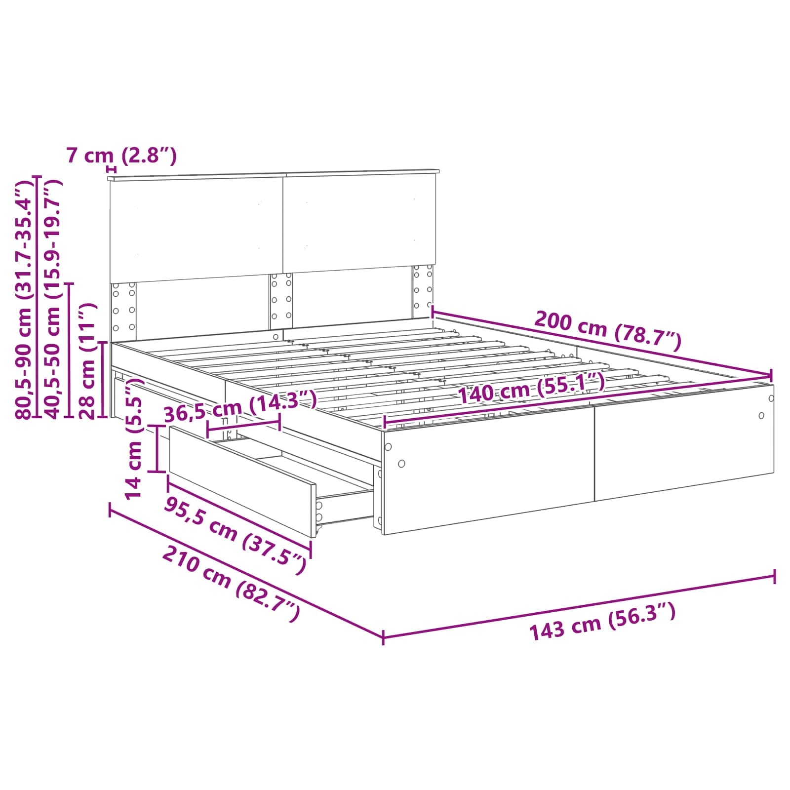 Krevet s od storage Bijelo 140 x 200 cm Konstruirano drvo