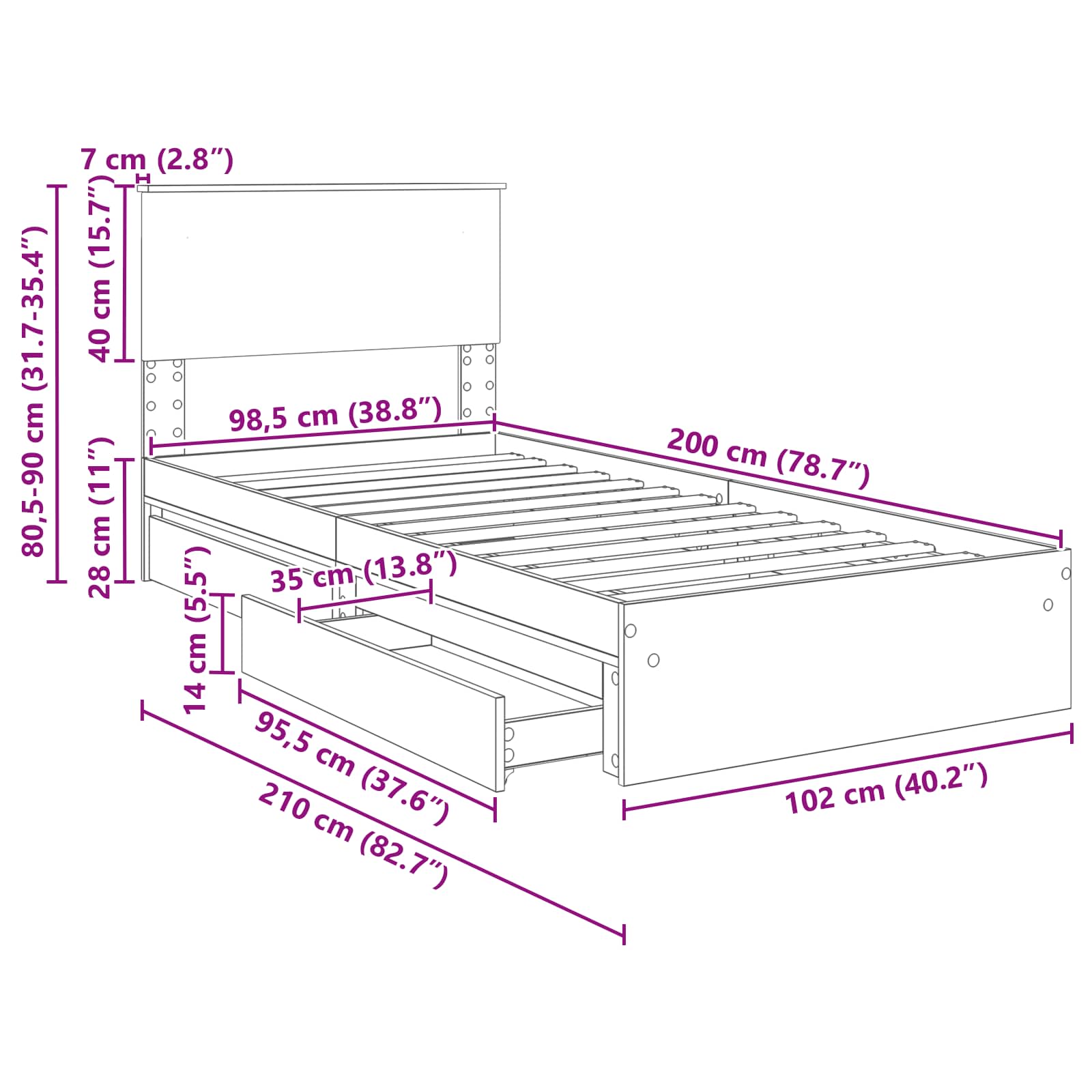Krevet s od storage s uzglavljem Dimljeni hrast 100 x 200 cm