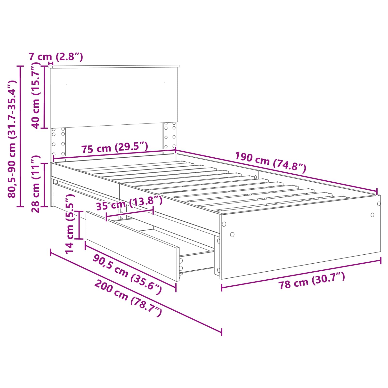 Krevet s od storage Siva Sonoma 75 x 190 cm Konstruirano drvo