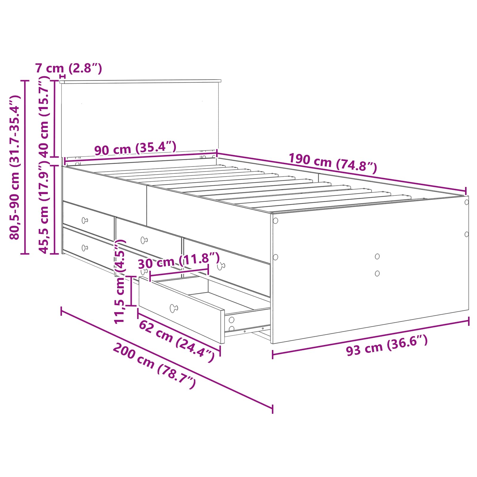 Krevet na dan s ladicama Dimnjeni hrast i crna 90 x 190 cm