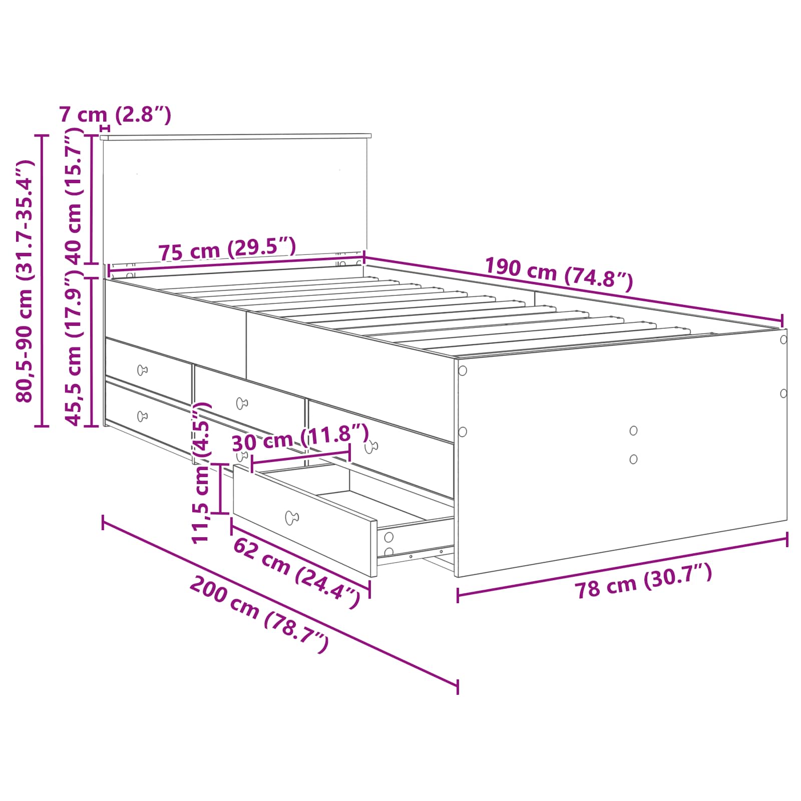 Krevet na dan s ladicama Dimnjeni hrast i crna 75 x 190 cm