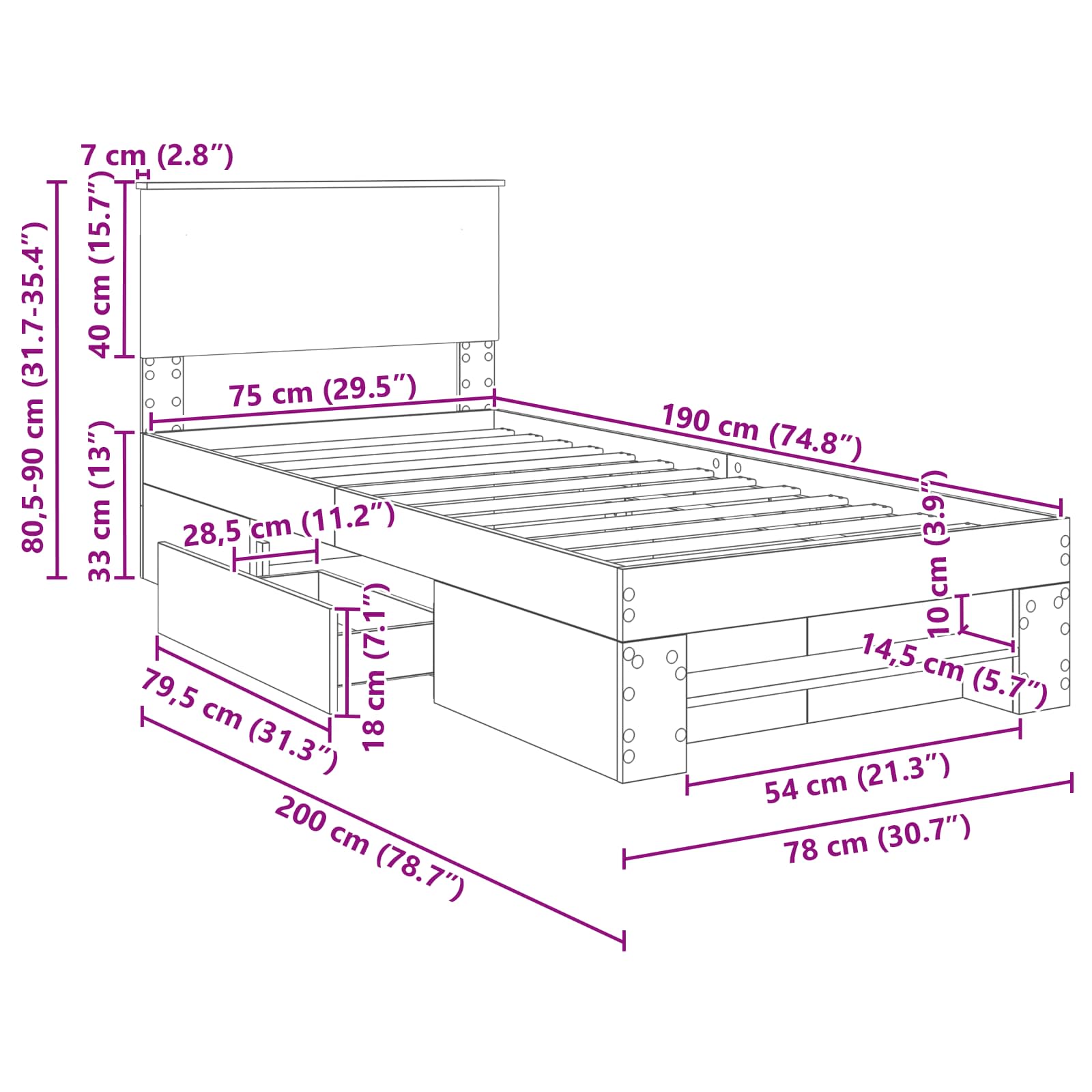 Krevetna konstrukcija s uzglavljem Sonoma hrast 80 x 200 cm