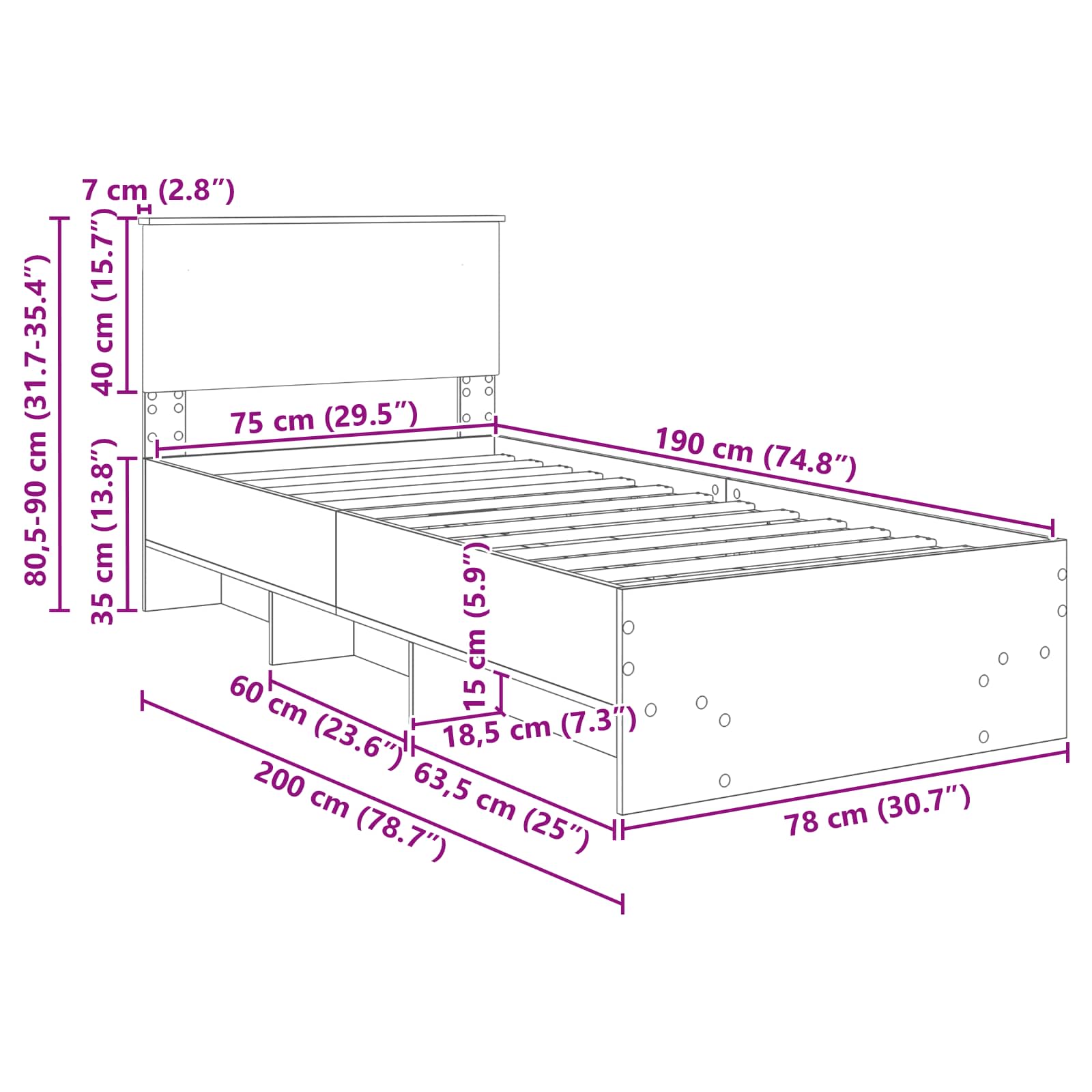 Krevetna konstrukcija s uzglavljem Sonoma hrast 80 x 200 cm