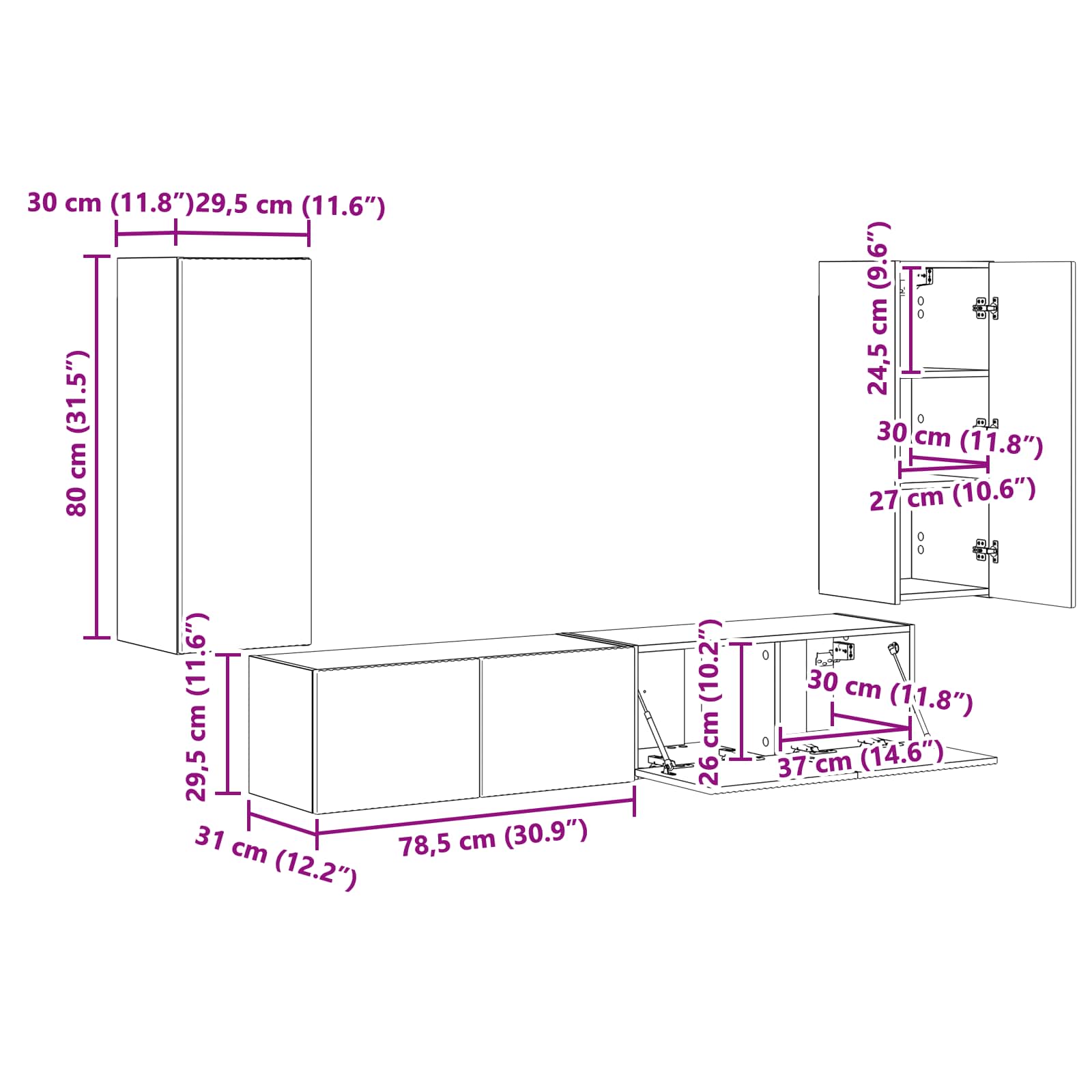 Set zidnog ormarića za TV Zidne 4 pcs Umjetnički hrast