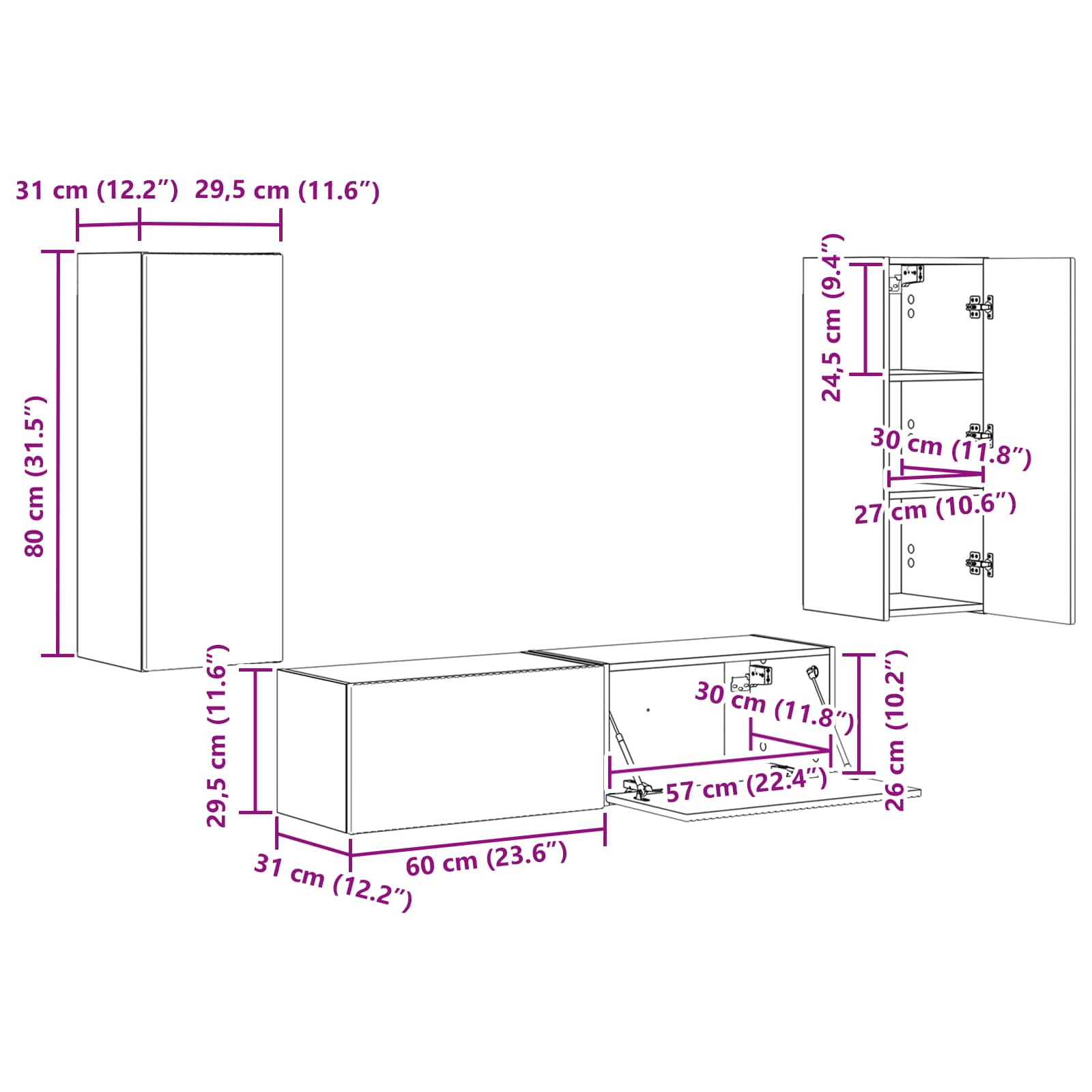 Set TV komoda Zidne 2 pcs Staro drvo Konstruirano drvo