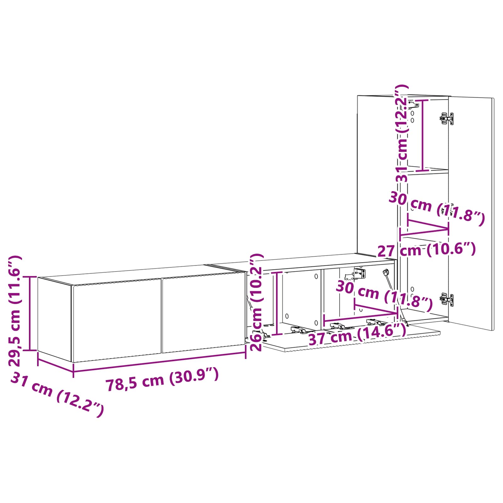 Set TV komoda Zidne 3 pcs Umjetnički hrast Konstruirano drvo