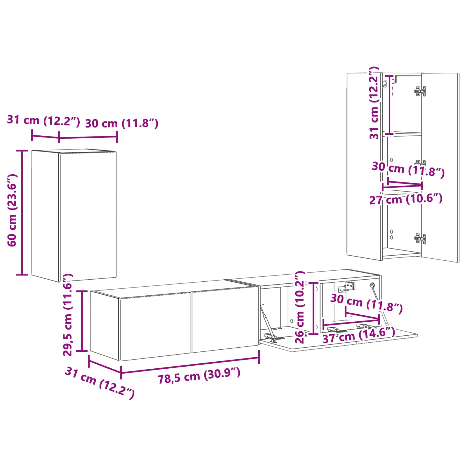 Set TV komoda Zidne 4 pcs Umjetnički hrast Konstruirano drvo