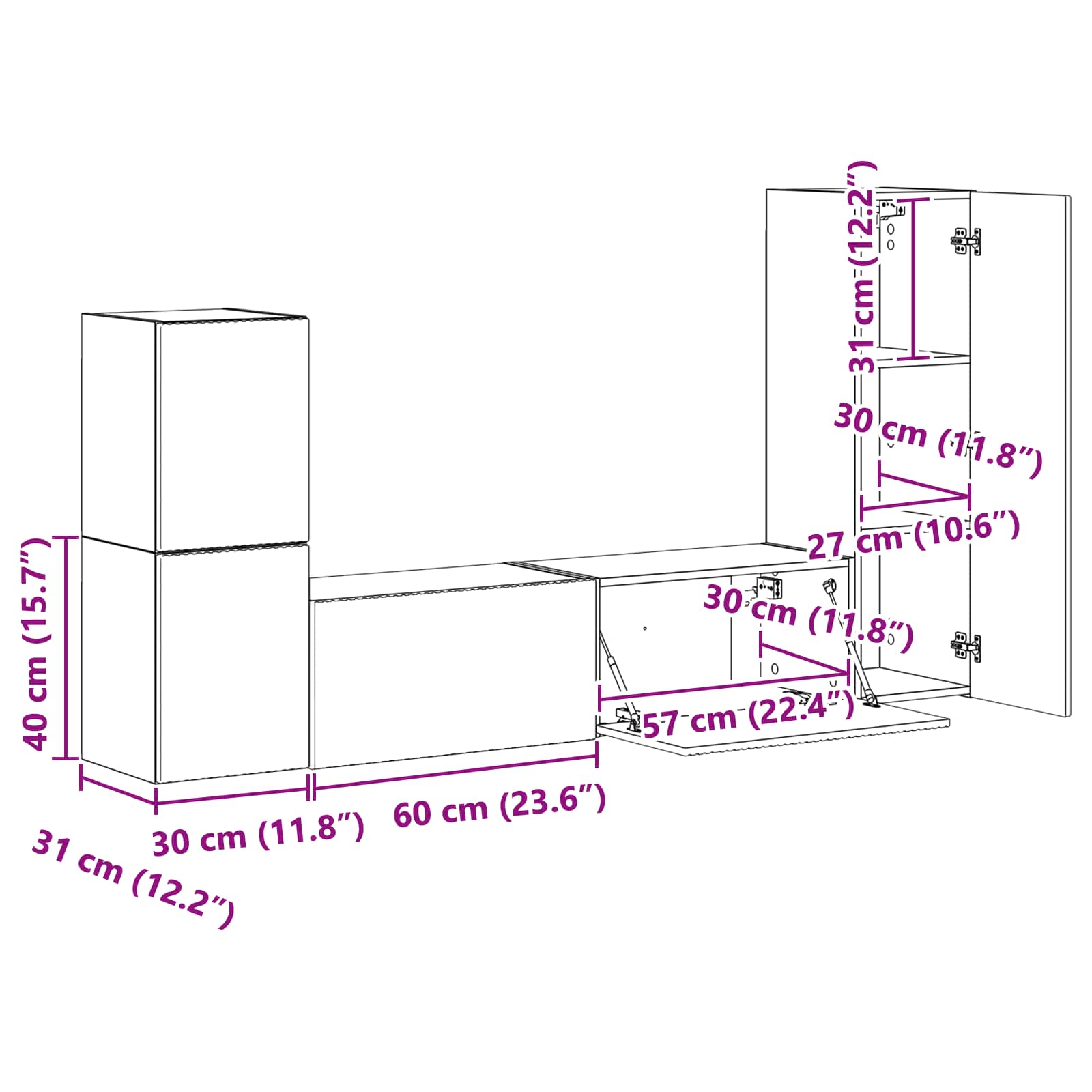 Set TV komoda Zidne 4 pcs Umjetnički hrast Konstruirano drvo