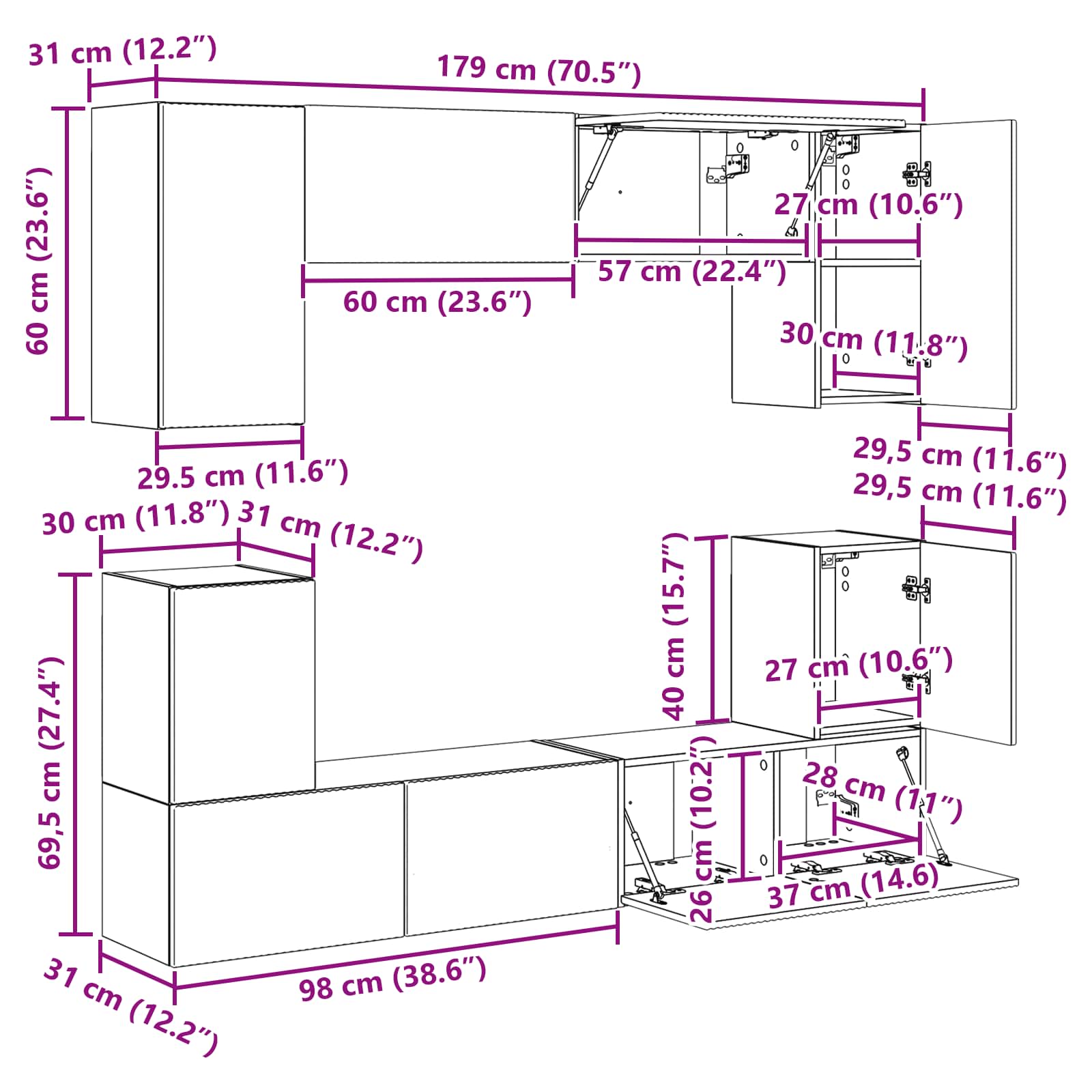 Set TV komoda Zidne 5 pcs Betonski sivi Konstruirano drvo