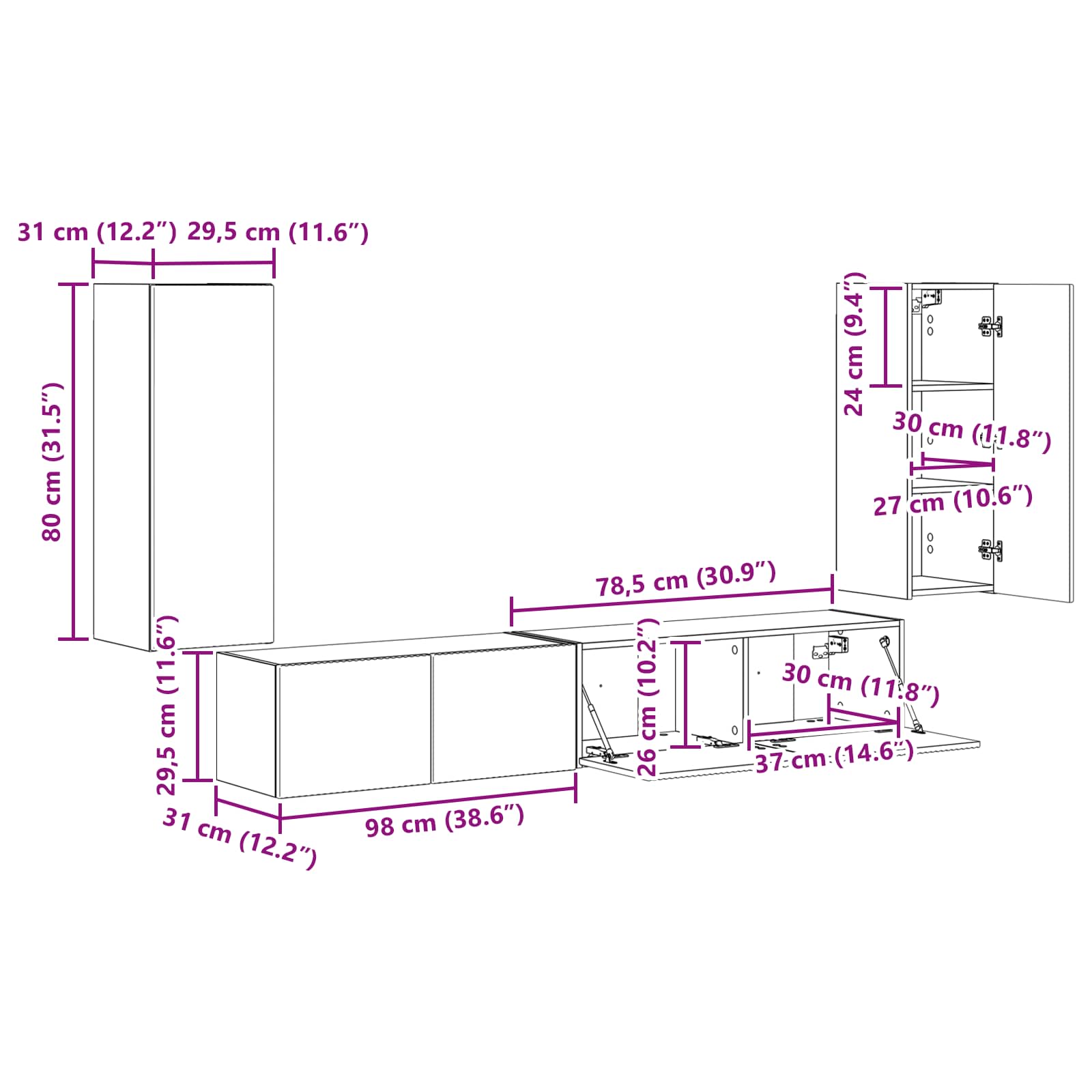 Set TV komoda 4 pcs Crna Konstruirano drvo