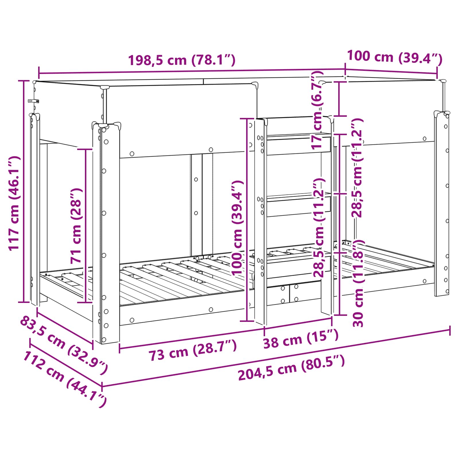 Krevet na kat za djecu Staro drvo 100 x 200 cm