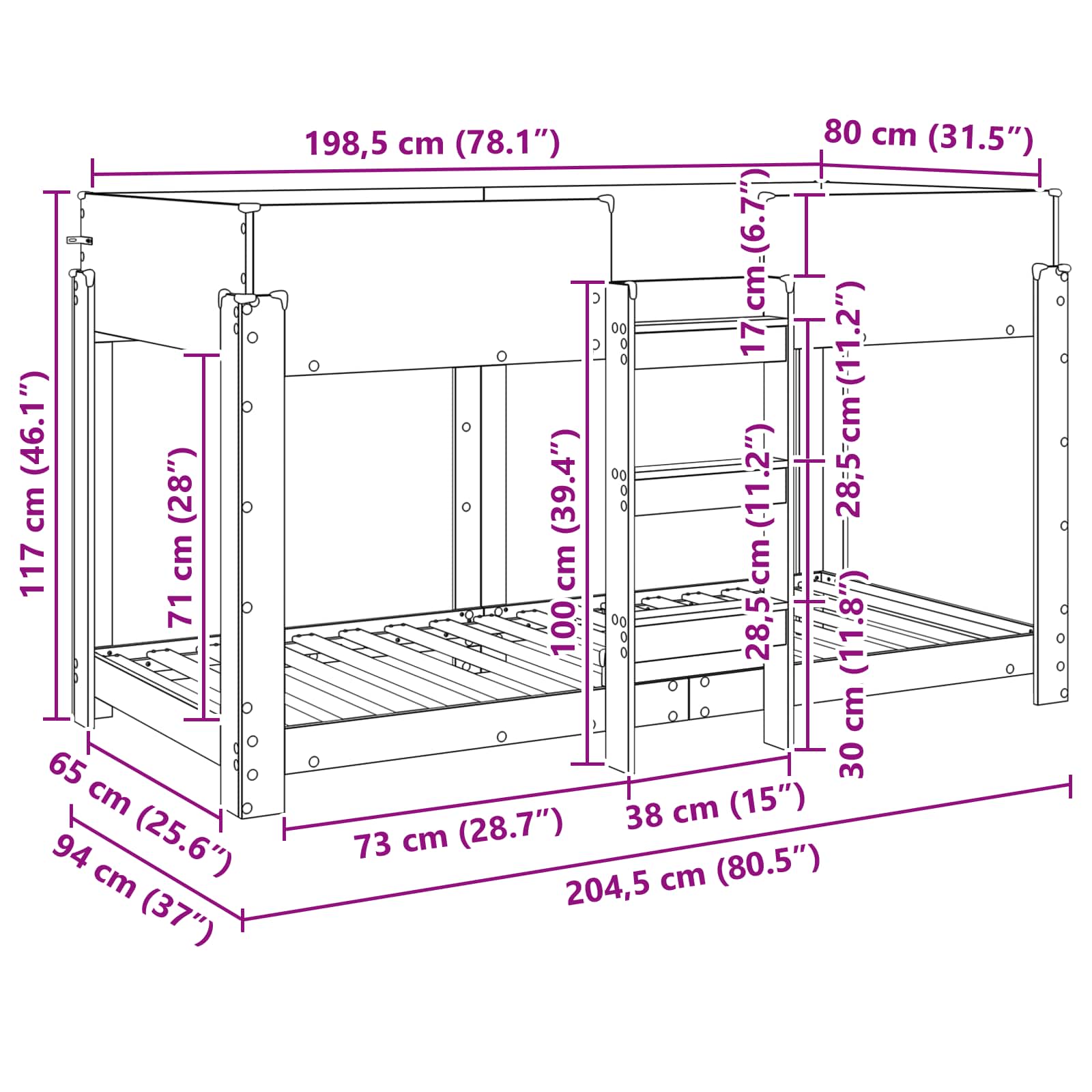 Krevet na kat za djecu Betonski sivi 80 x 200 cm