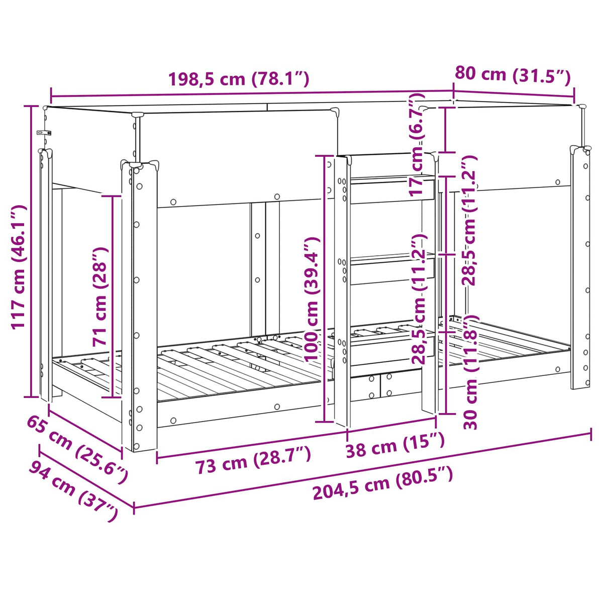 Krevet na kat za djecu Staro drvo 80 x 200 cm Konstruirano drvo