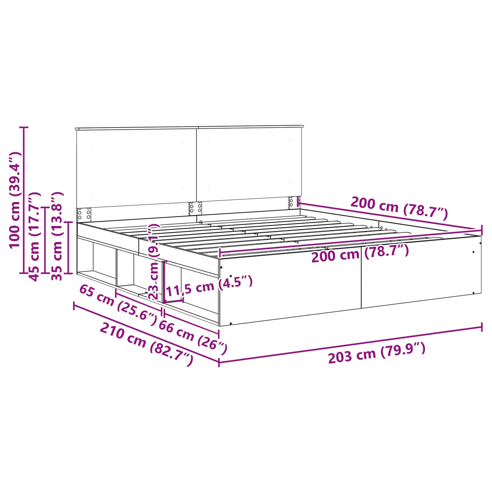 Krevetna konstrukcija s uzglavljem Siva Sonoma 200 x 200 cm