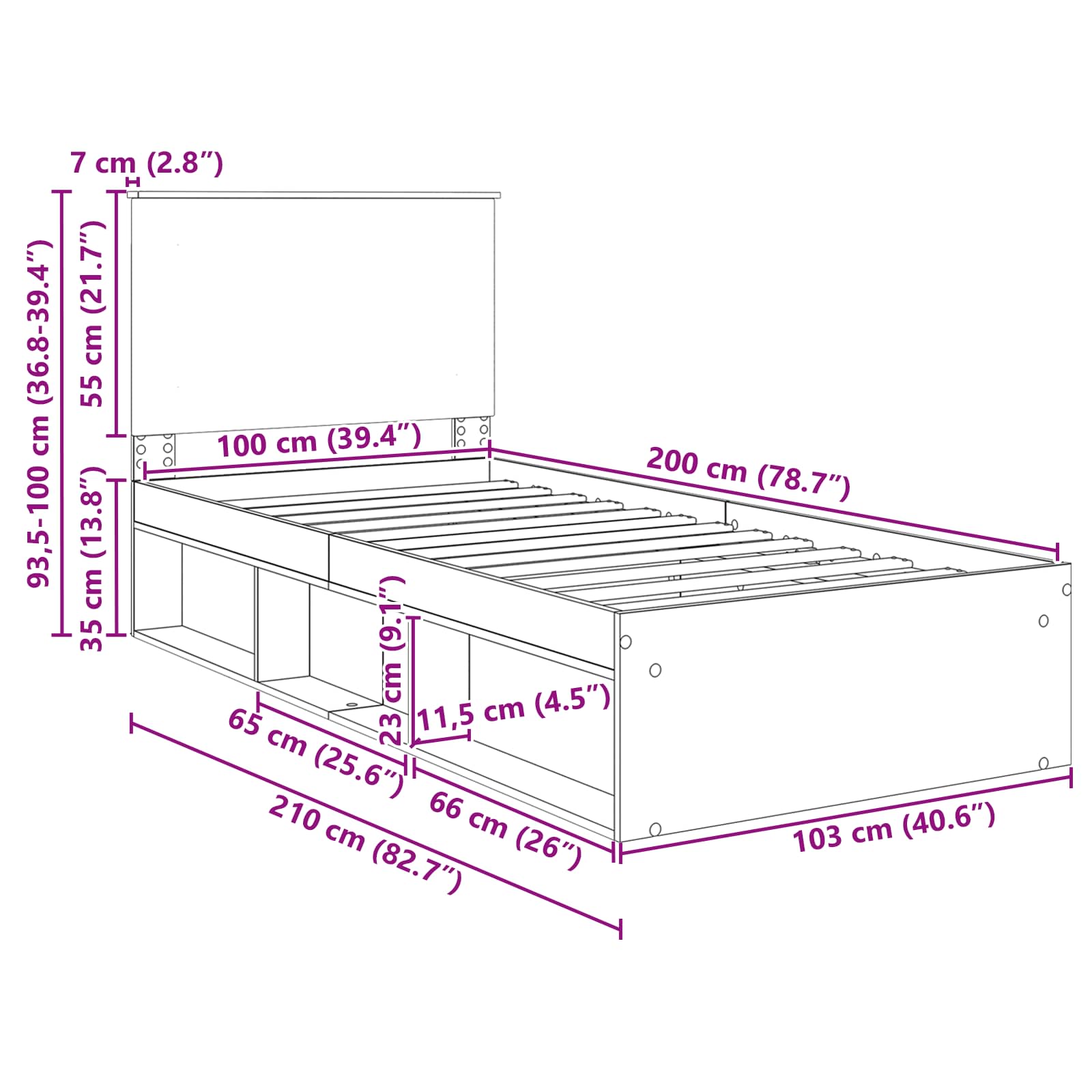 Krevetna konstrukcija s uzglavljem Dimljeni hrast 100 x 200 cm