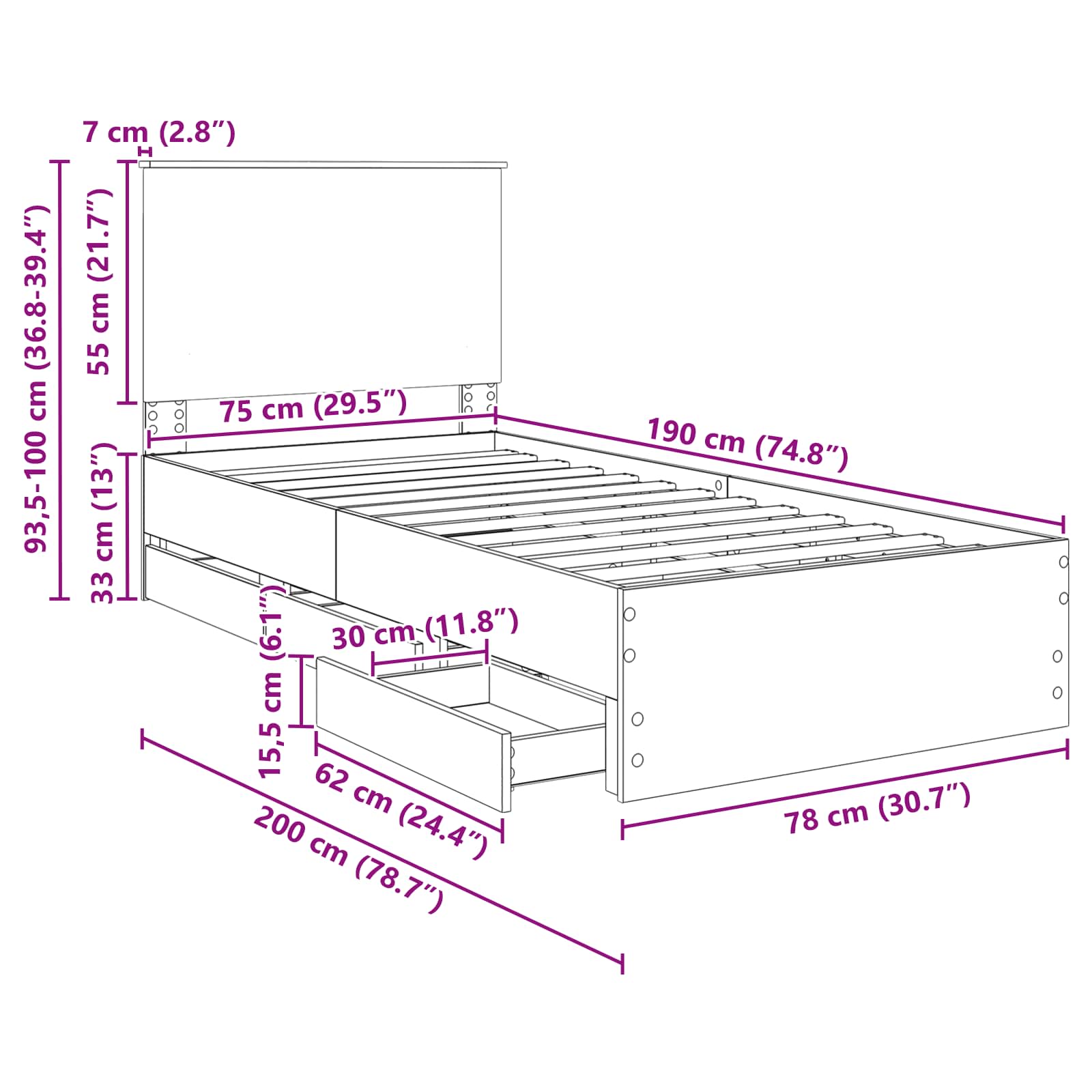 Krevetna konstrukcija Siva Sonoma 75 x 190 cm Inženjersko Drvo