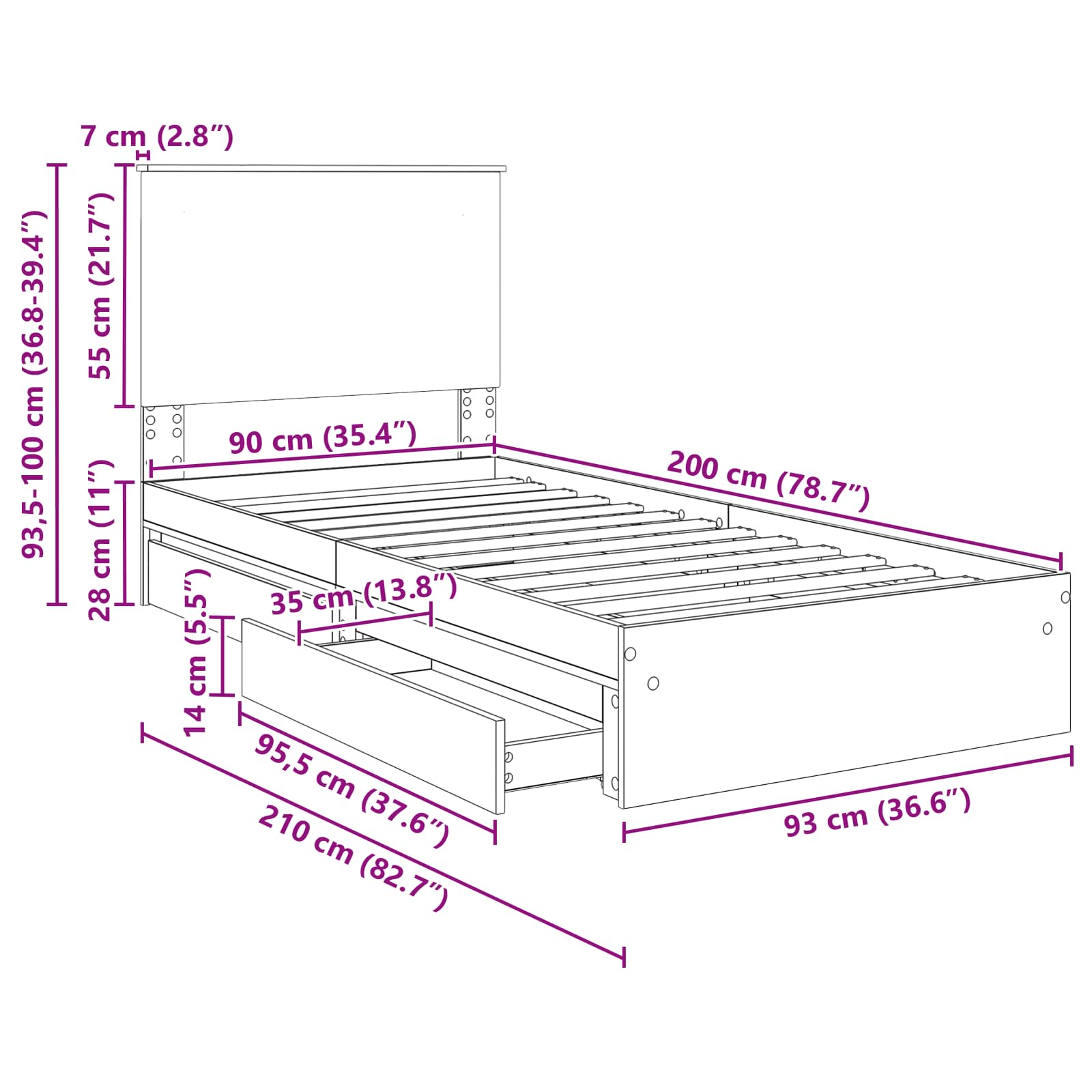 Krevet s od storage Bijelo 90 x 200 cm Konstruirano drvo